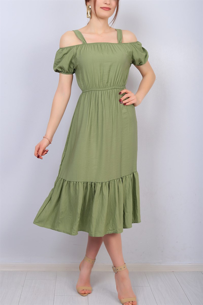 Yeşil Bel Lastikli Askılı Bayan Elbise 14595B