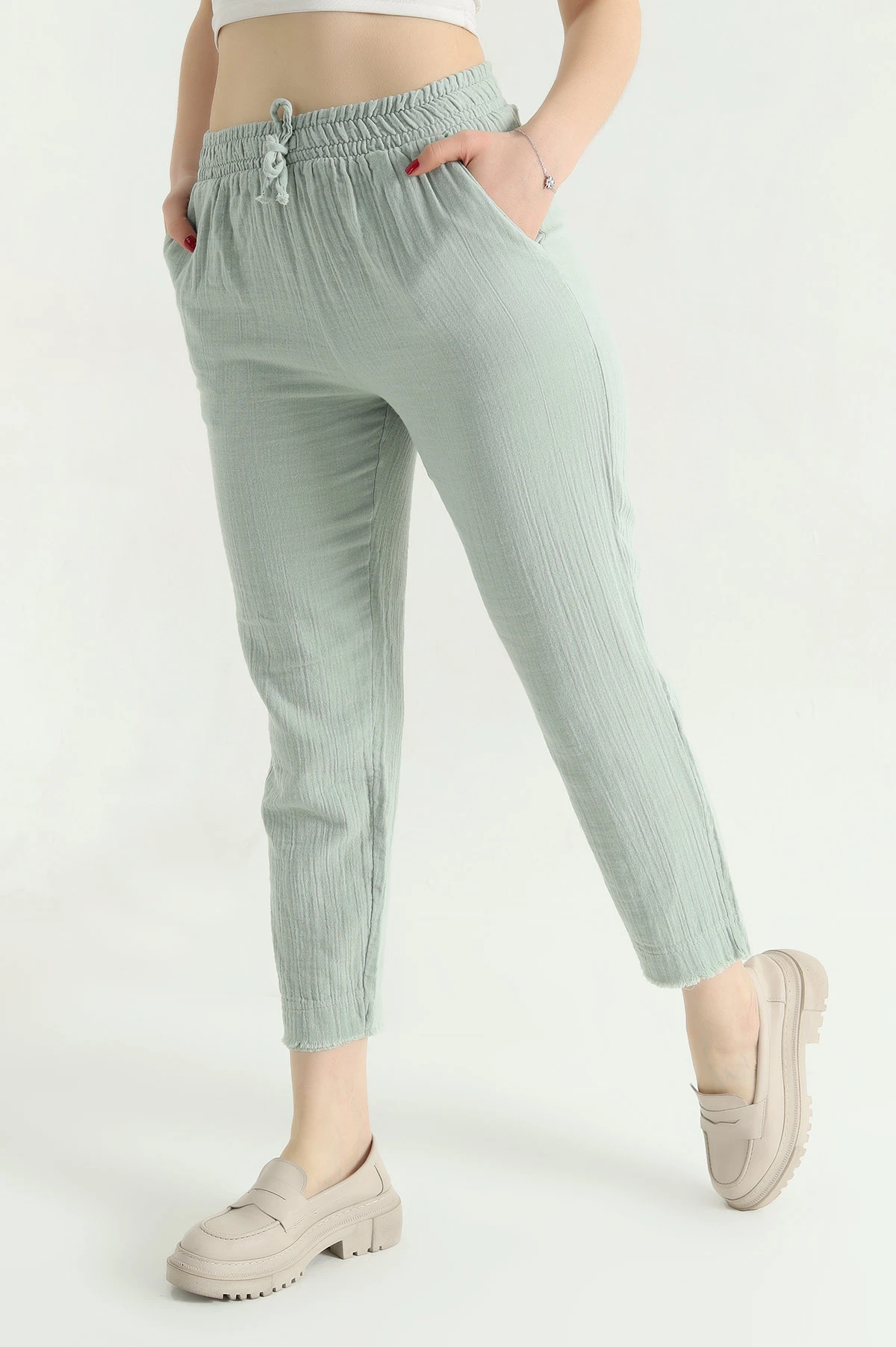 Yeşil Bel Lastikli Müslin Keten Kadın Pantolon 339872