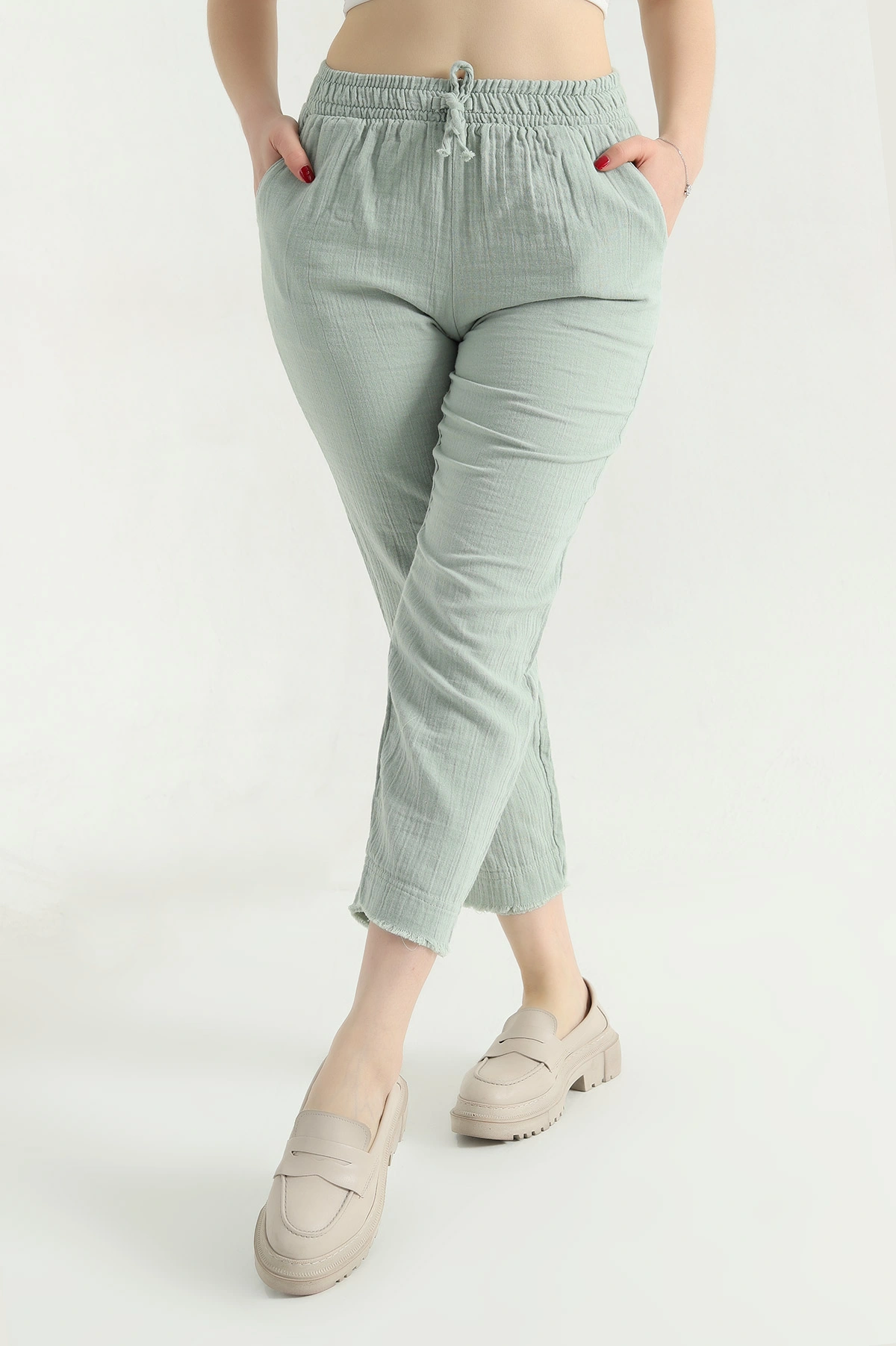 Yeşil Bel Lastikli Müslin Keten Kadın Pantolon 339872