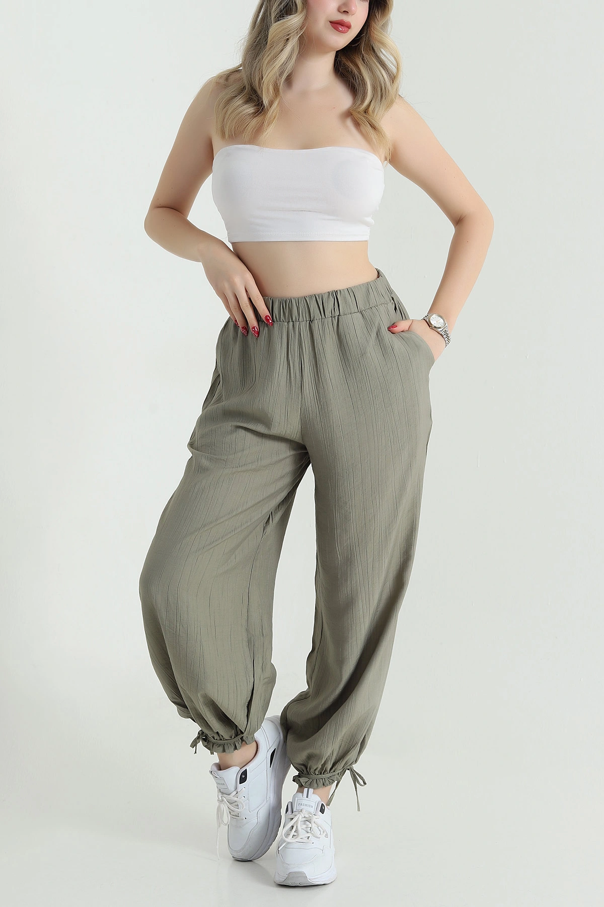 Yeşil Bel Paça Lastikli Kraş Dokuma Pantolon 473153
