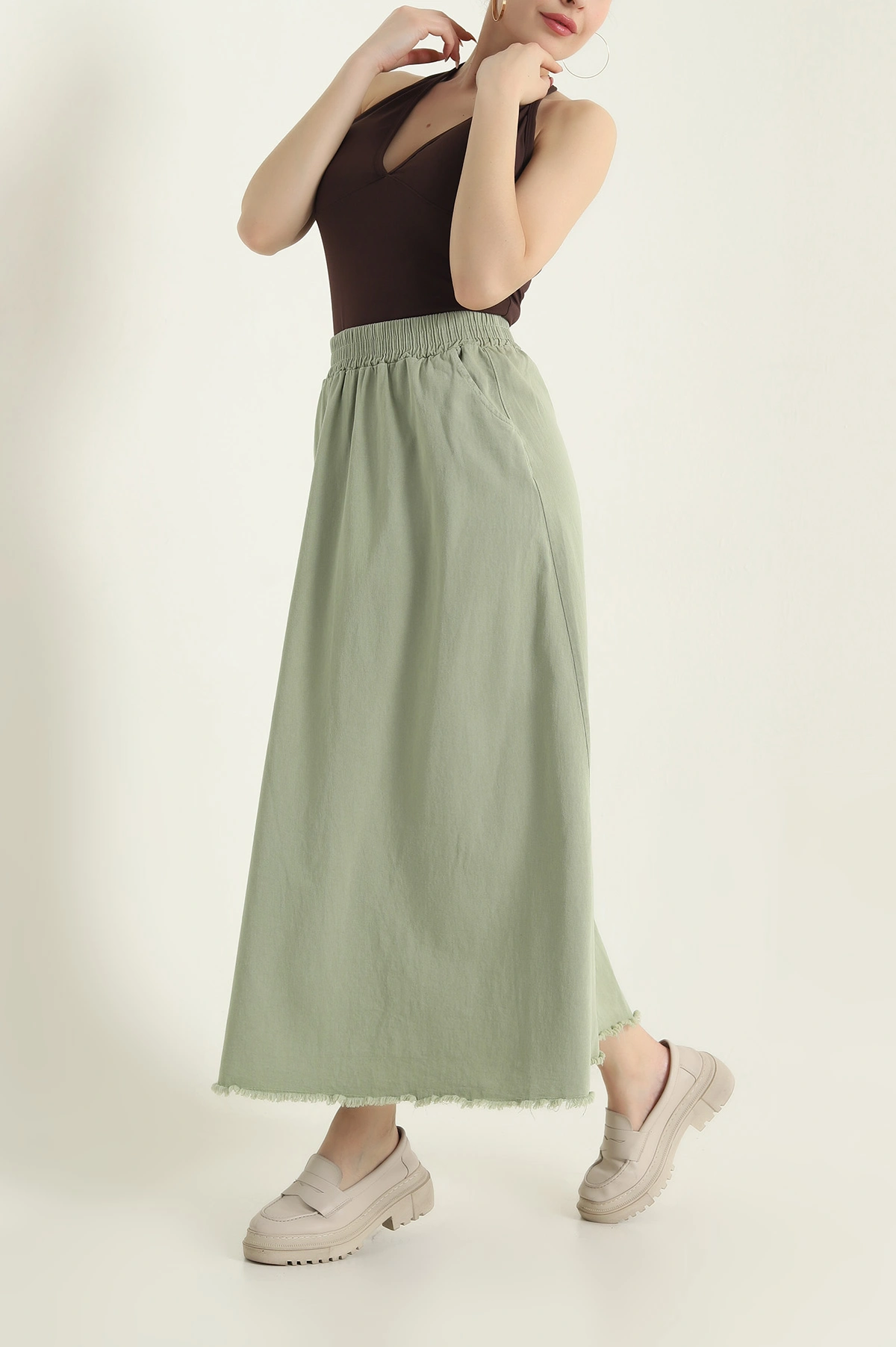 Yeşil Beli Lastikli Gabardin Kadın Etek 428734