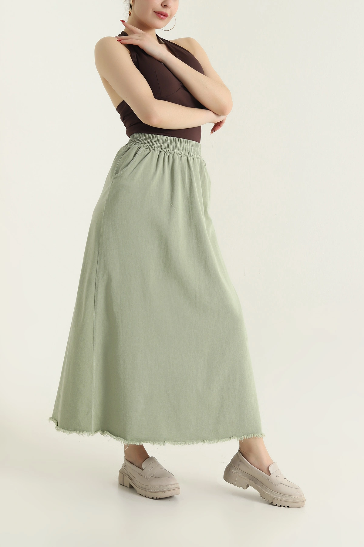 Yeşil Beli Lastikli Gabardin Kadın Etek 428734