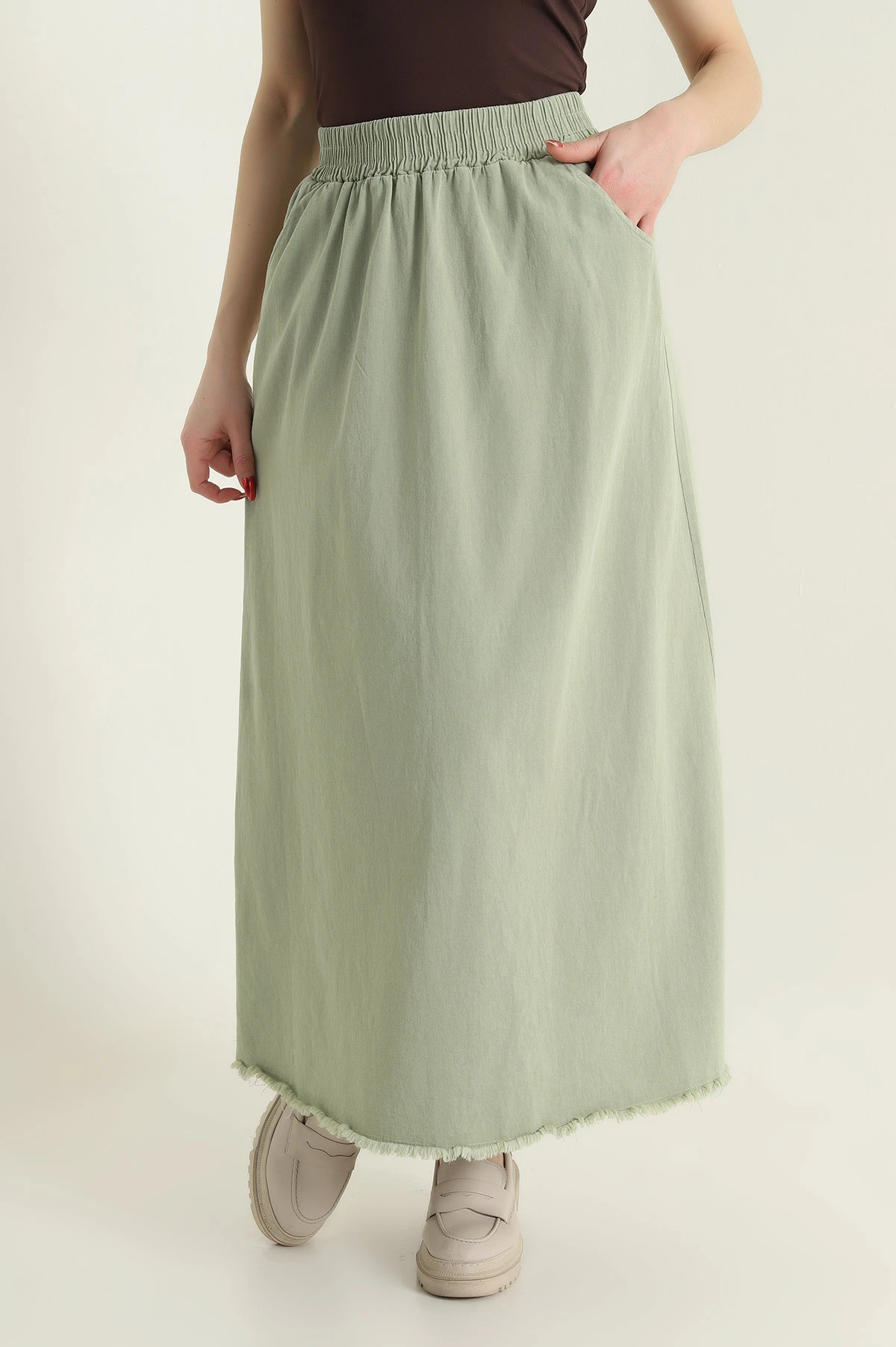Yeşil Beli Lastikli Gabardin Kadın Etek 428734
