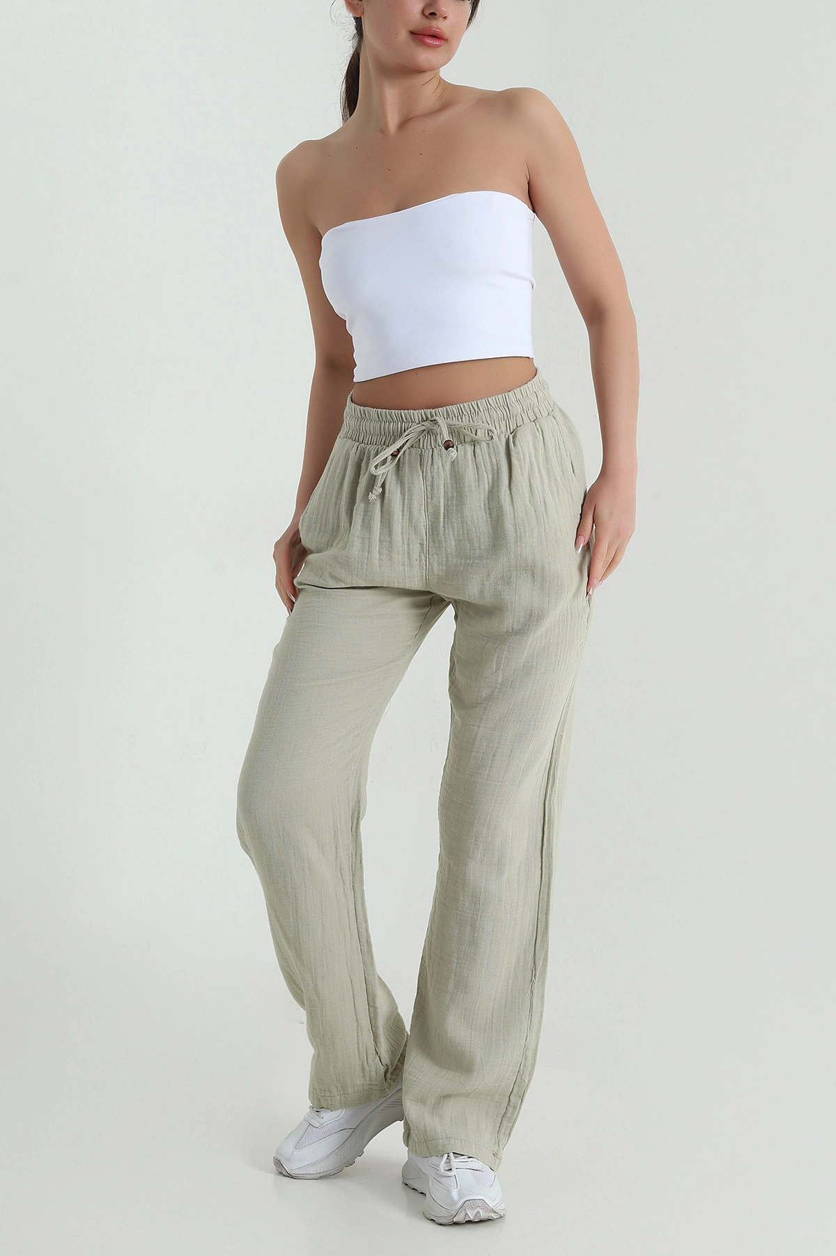 Yeşil Beli Lastikli Müslin Keten Kadın Pantolon 457930