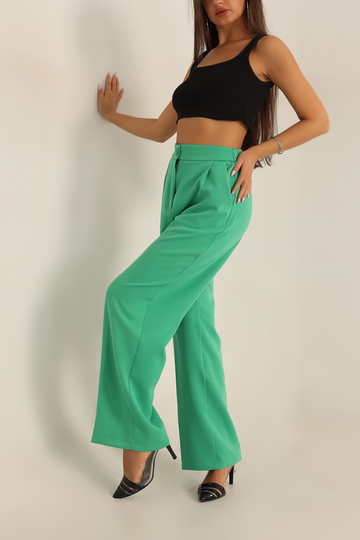Yeşil Beli Lastikli Palazzo Pantolon T- 174680