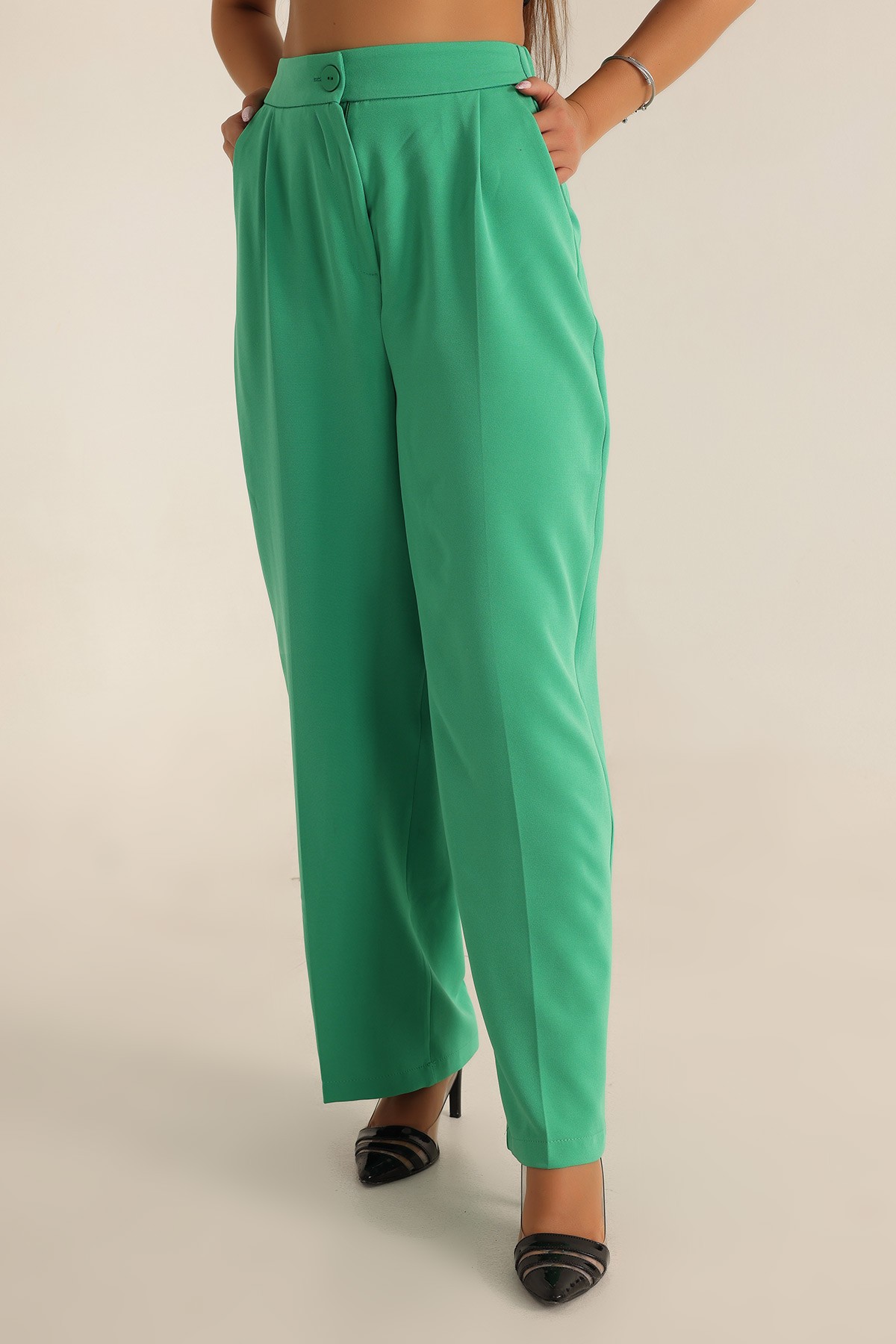 Yeşil Beli Lastikli Palazzo Pantolon T- 174680