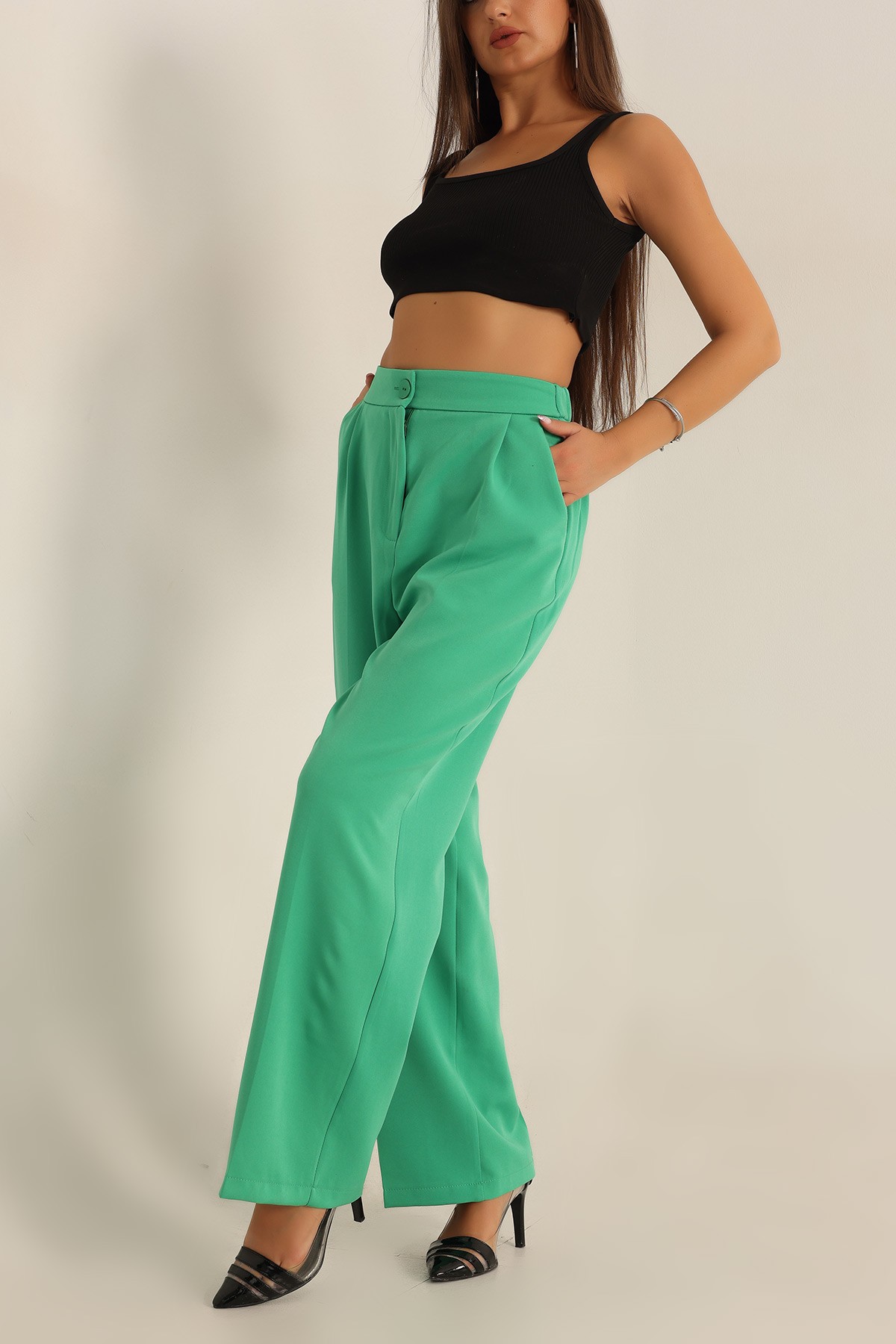 Yeşil Beli Lastikli Palazzo Pantolon T- 174680