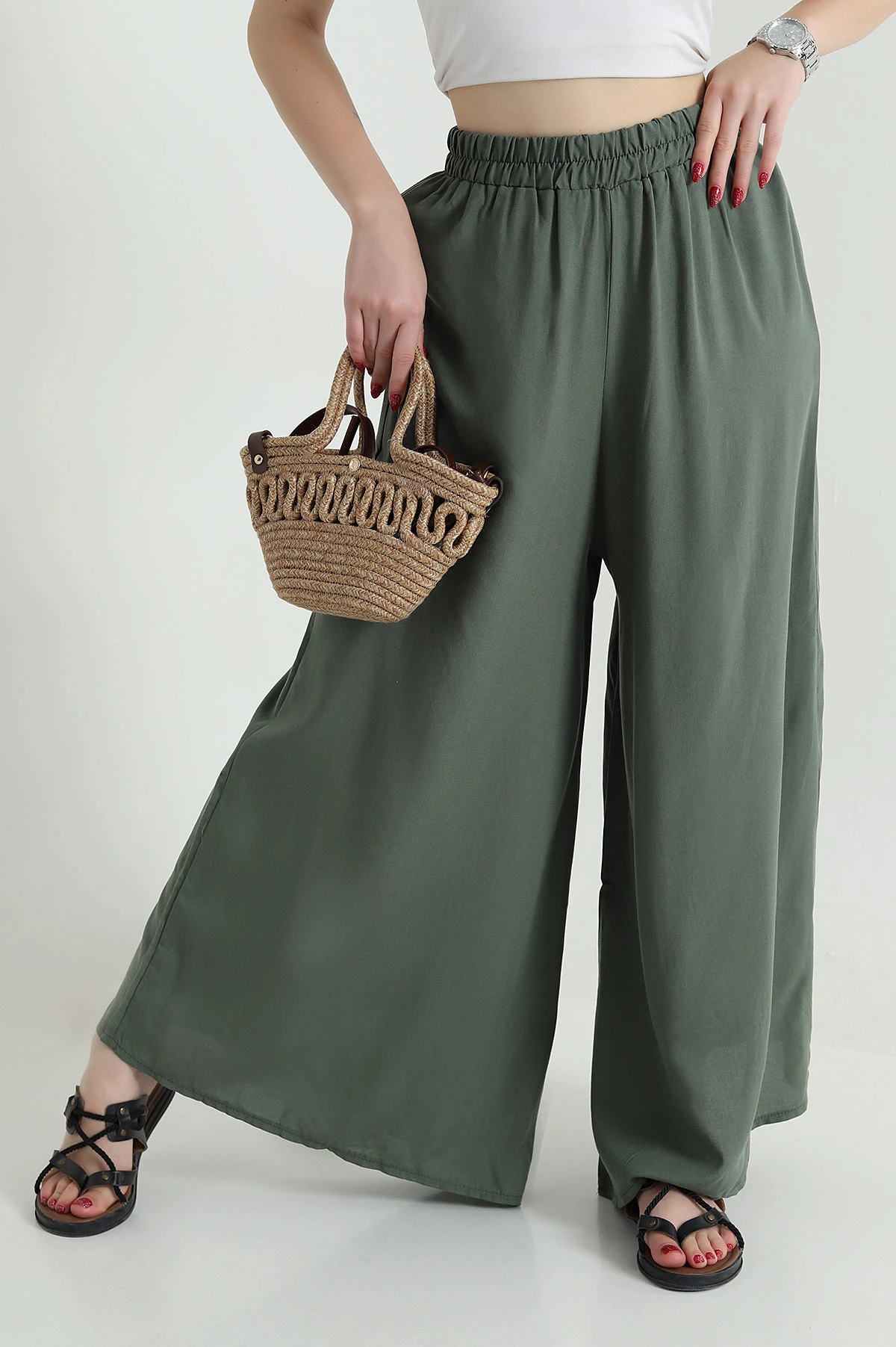 Yeşil Beli Lastikli Şalvar Dokuma Kadın Pantolon 469248
