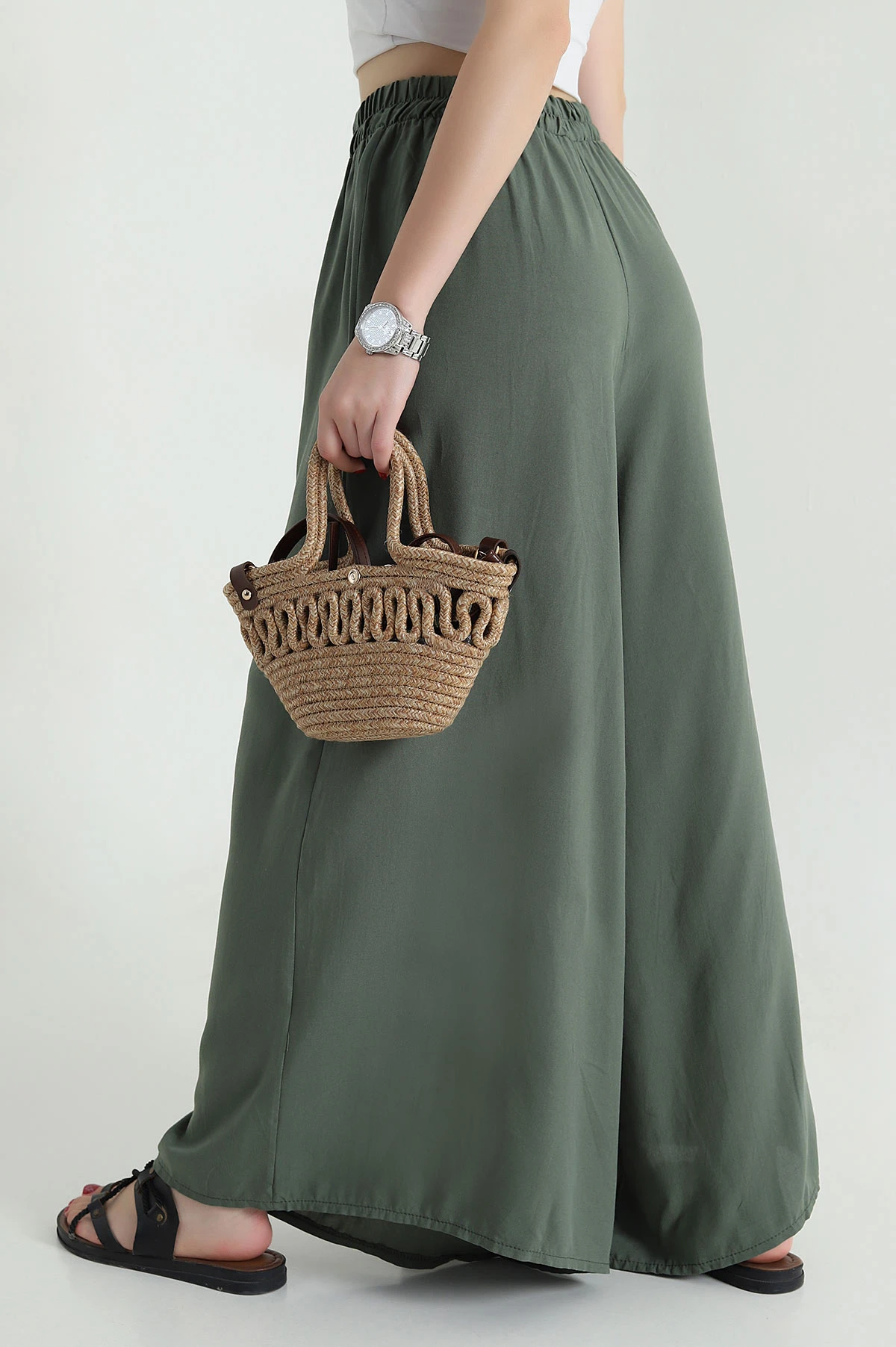 Yeşil Beli Lastikli Şalvar Dokuma Kadın Pantolon 469248