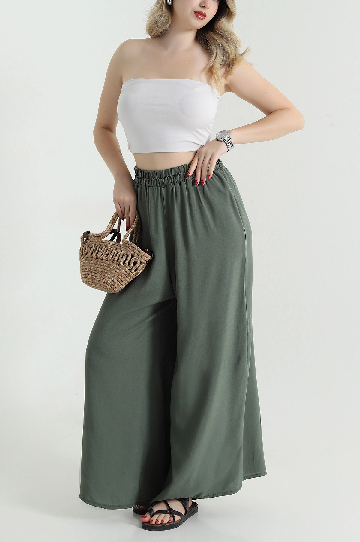 Yeşil Beli Lastikli Şalvar Dokuma Kadın Pantolon 469248