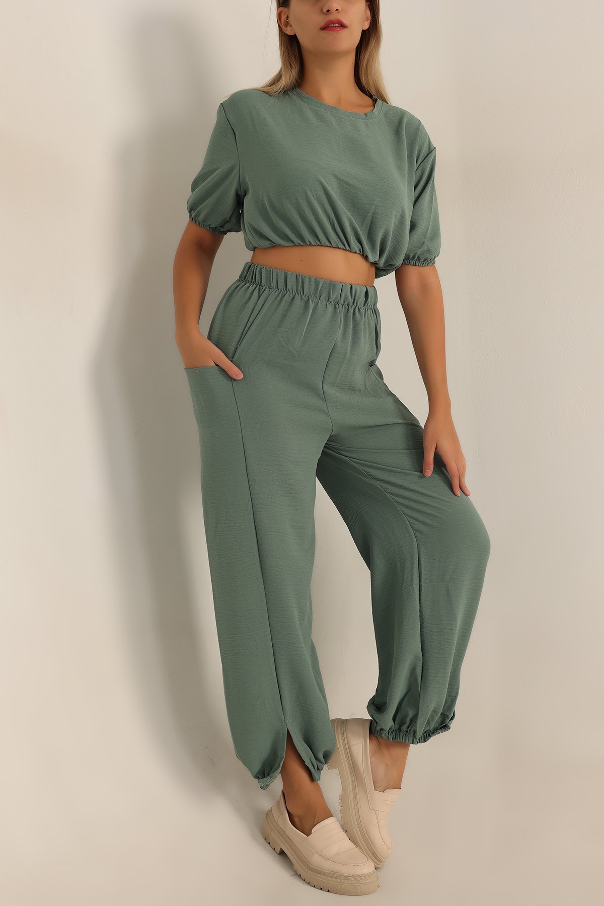 Yeşil Beli Lastikli Yırtmaçlı İkili Takım 198737