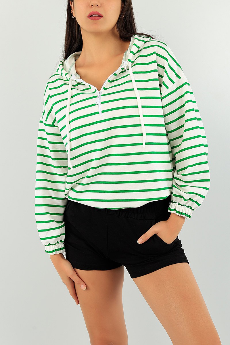 Yeşil Beli Sıkmalı Bayan Yarım Fermuarlı Sweat 74505