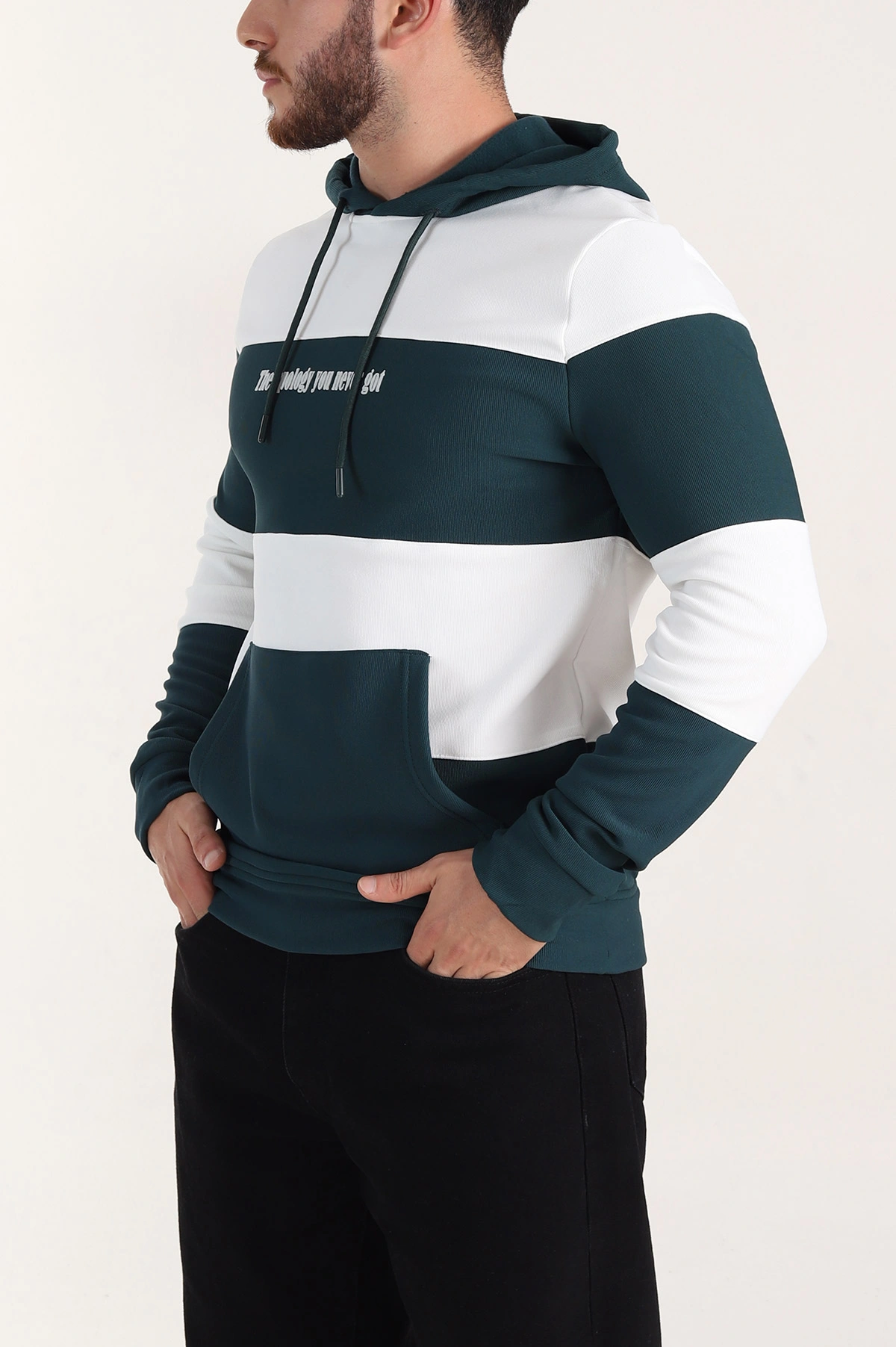 Yeşil Beyaz Cep Detaylı Yazılı Kapüşonlu Erkek Sweatshirt 396162