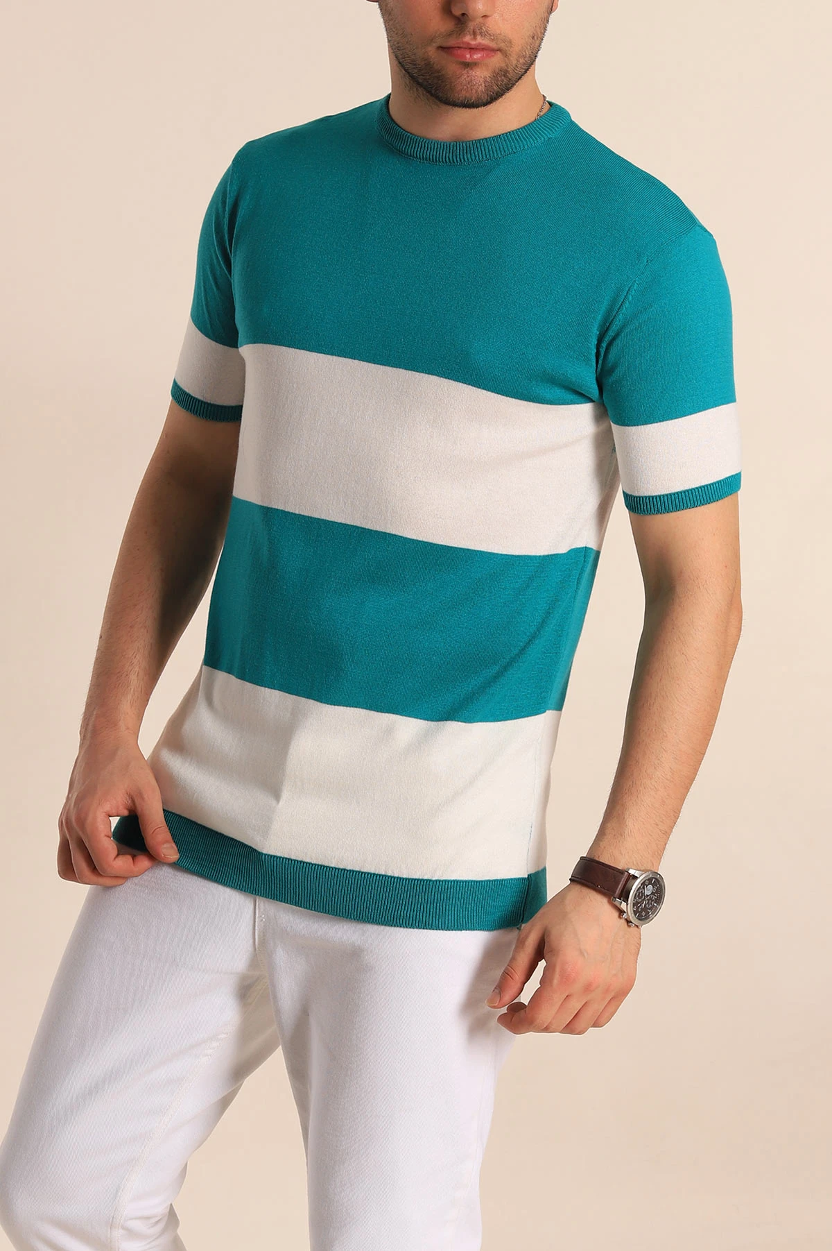 Yeşil Beyaz Geniş Çizgili Slim Fit Erkek Triko Tişört 260933
