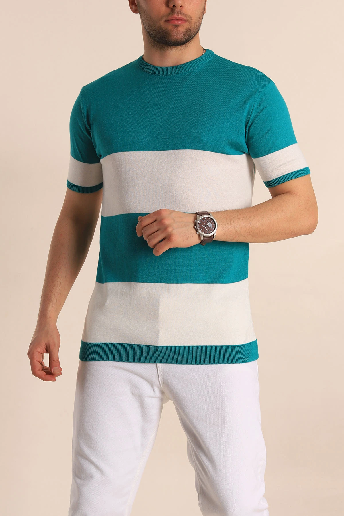 Yeşil Beyaz Geniş Çizgili Slim Fit Erkek Triko Tişört 260933