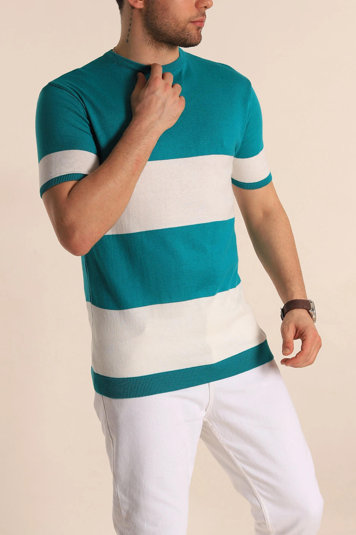Yeşil Beyaz Geniş Çizgili Slim Fit Erkek Triko Tişört 260933