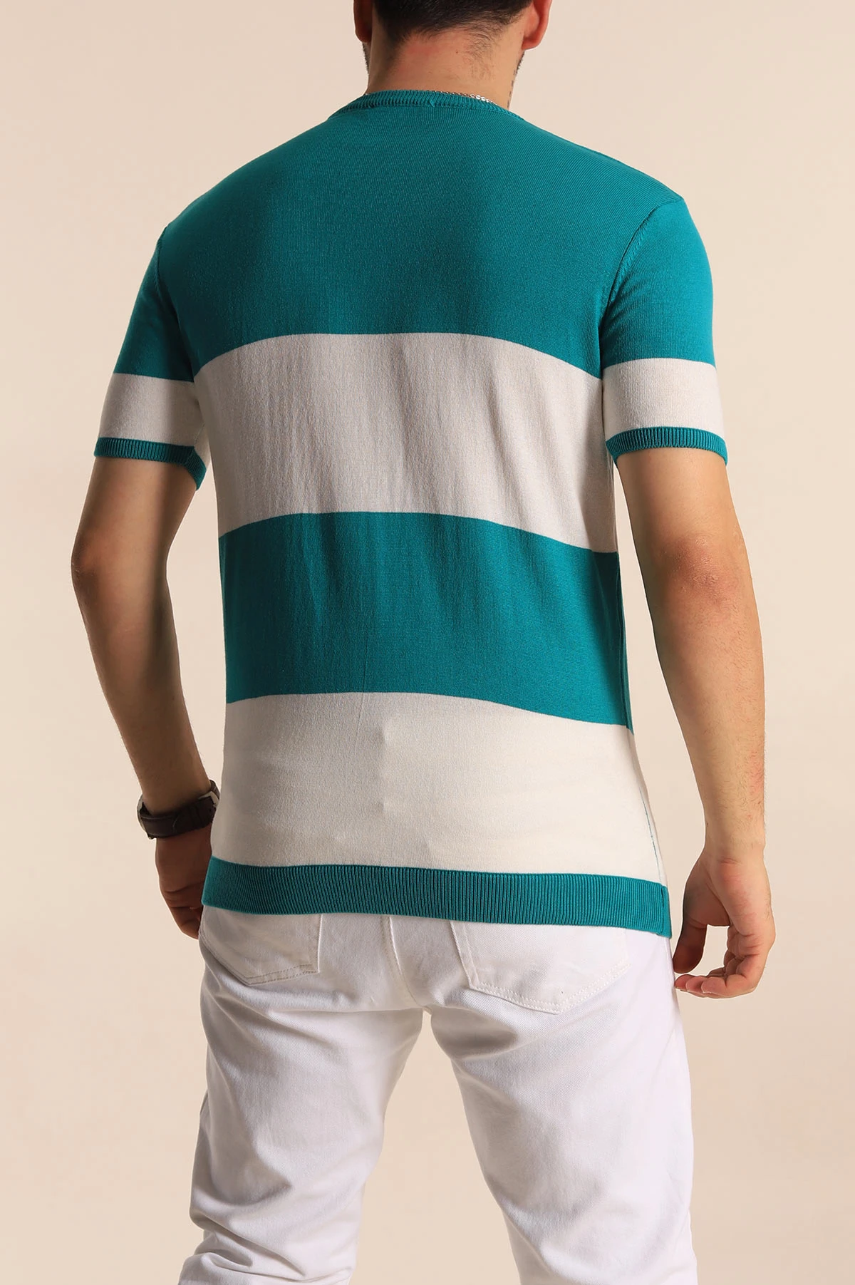 Yeşil Beyaz Geniş Çizgili Slim Fit Erkek Triko Tişört 260933