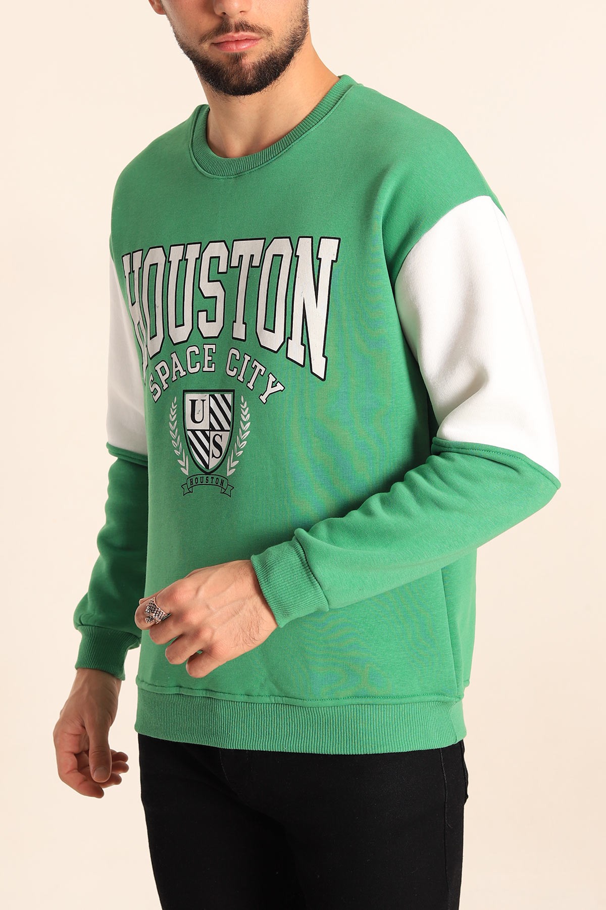 Benetton Yeşili Beyaz Oversize Göğüs Baskılı Üç İp Şardonlu Erkek Sweatshirt 212785