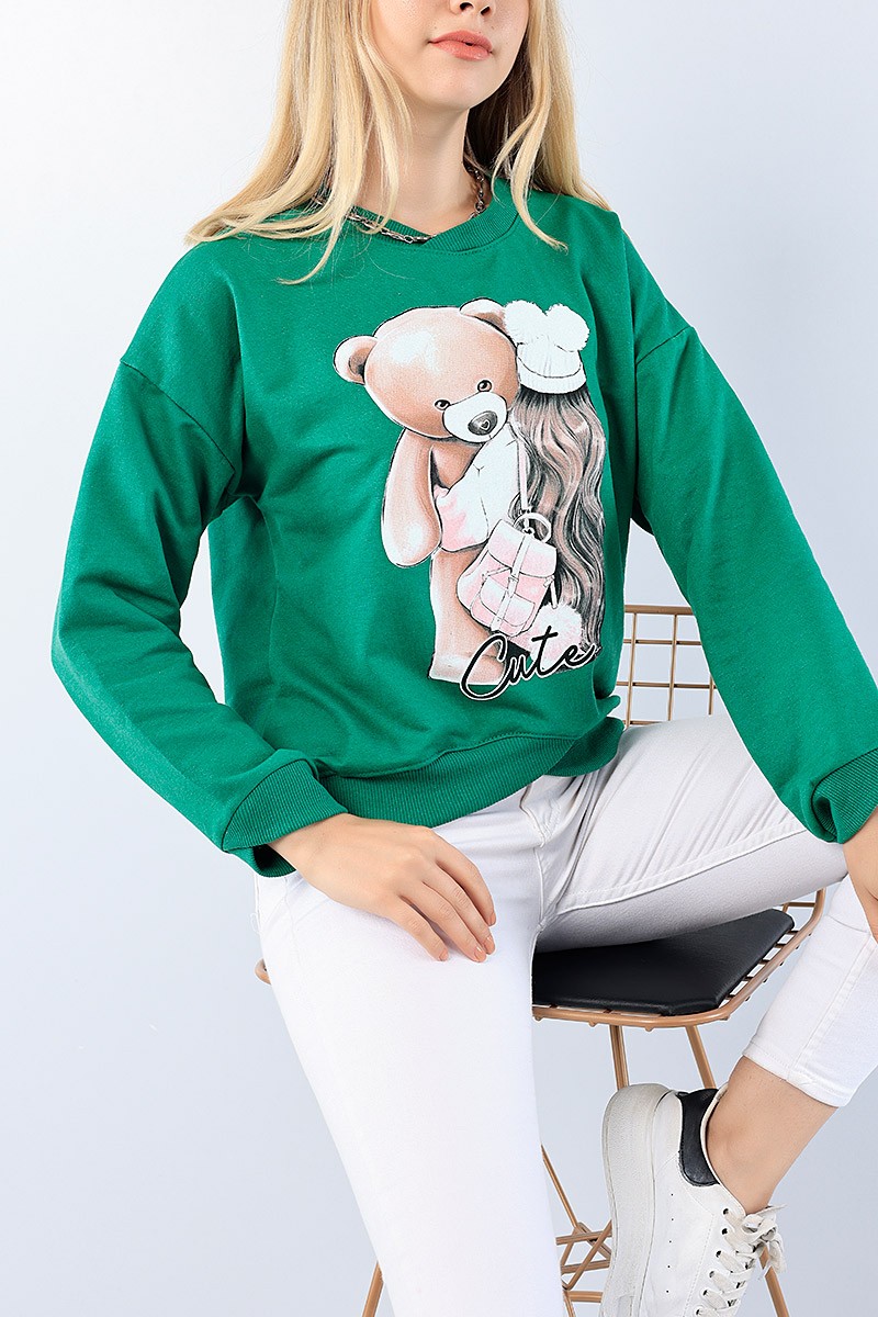 Yeşil Bisiklet Yaka Baskılı Bayan Sweat 75204