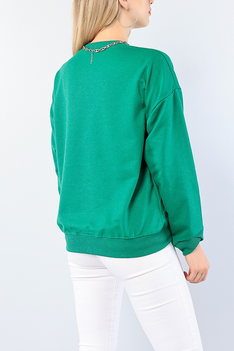 Yeşil Bisiklet Yaka Baskılı Bayan Sweat 75204