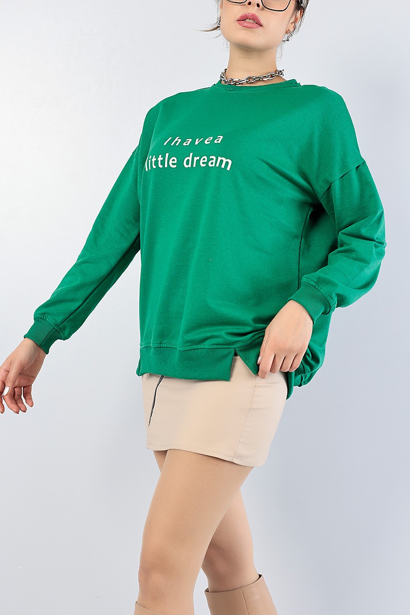 Yeşil Bisiklet Yaka Baskılı Bayan Sweat 76508