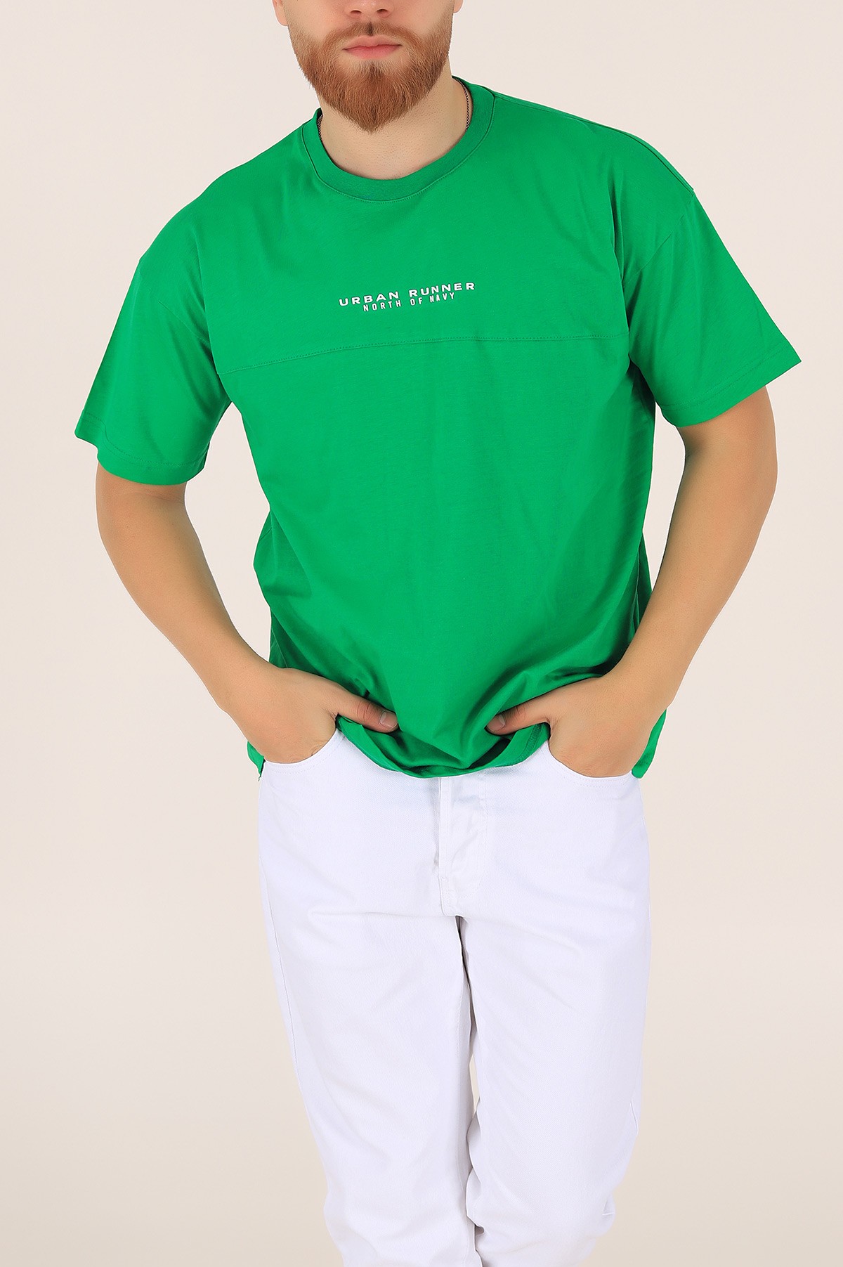 Yeşil Bisiklet Yaka Oversize Erkek Tişört 163269