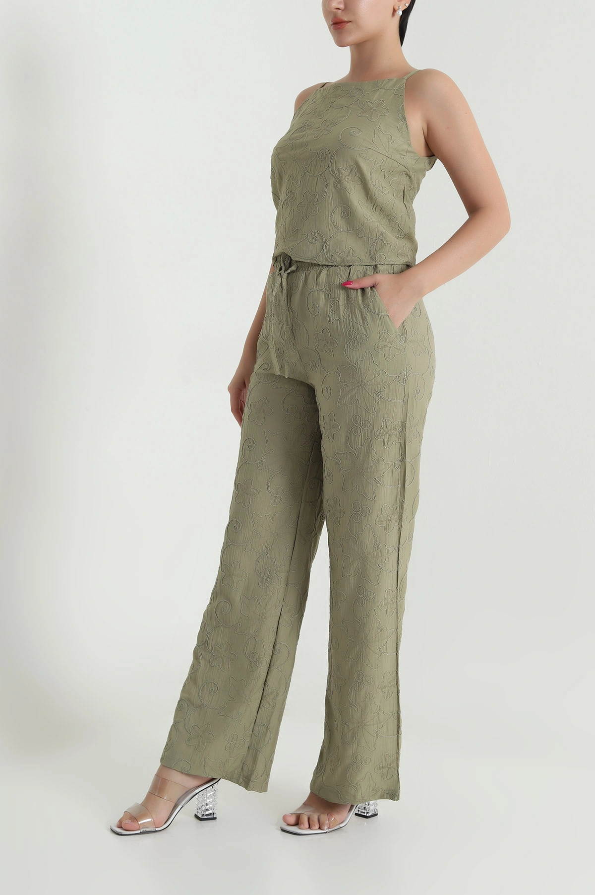 Yeşil Bluz Pantolon Çilek Kumaş Nakışlı İkili Takım 474355