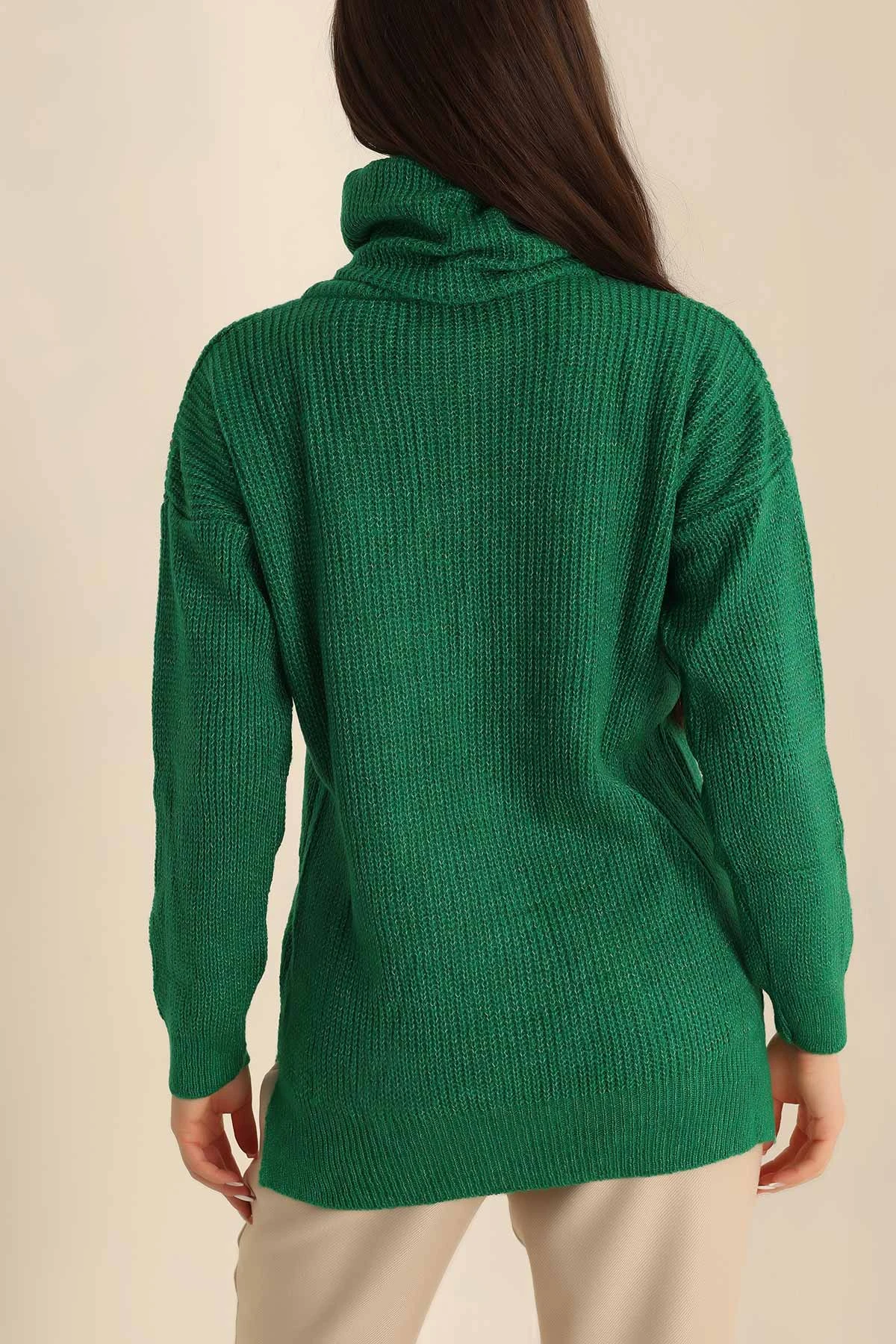 Yeşil Boğazlı Örme Triko Kazak 225473
