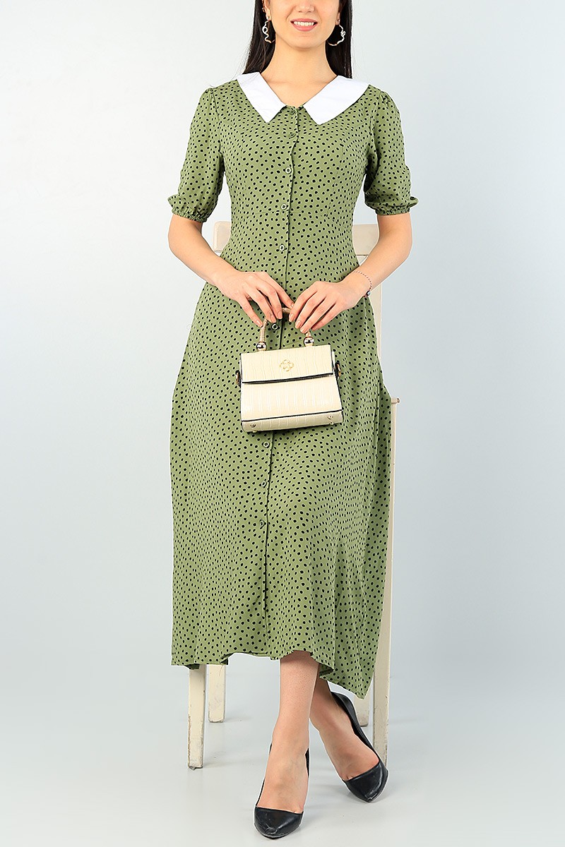 Yeşil Boydan Düğmeli Dokuma Elbise 62581