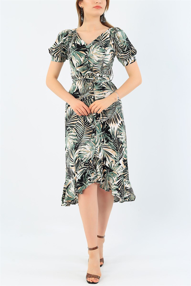 Yeşil Boydan Düğmeli Eteği Fırfırlı Elbise 36003