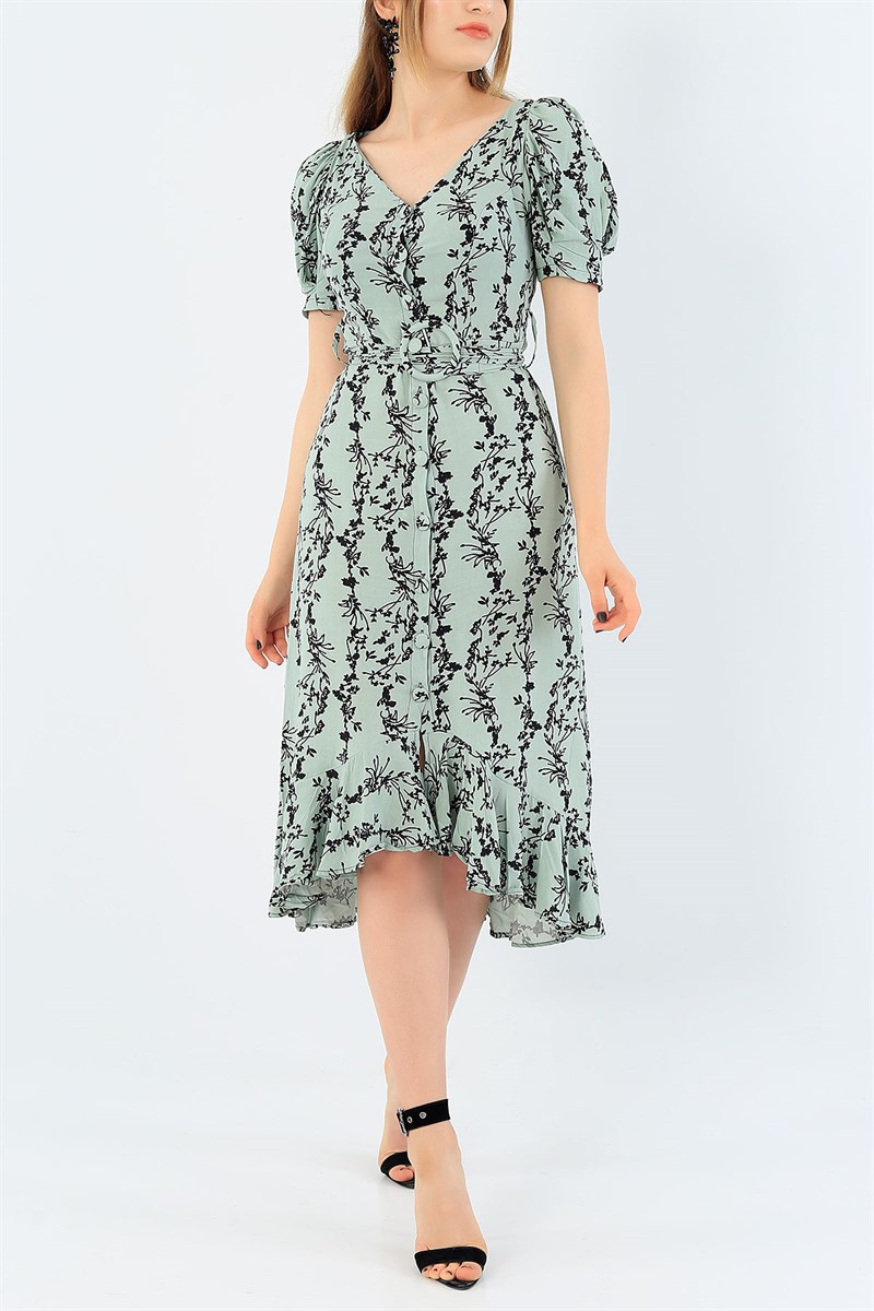 Yeşil Boydan Düğmeli Eteği Fırfırlı Elbise 36007