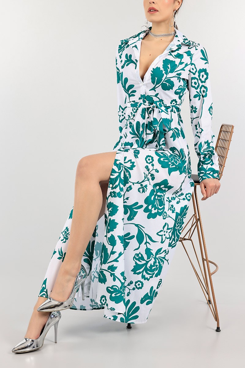Yeşil Boydan Düğmeli Poplin Elbise 104391