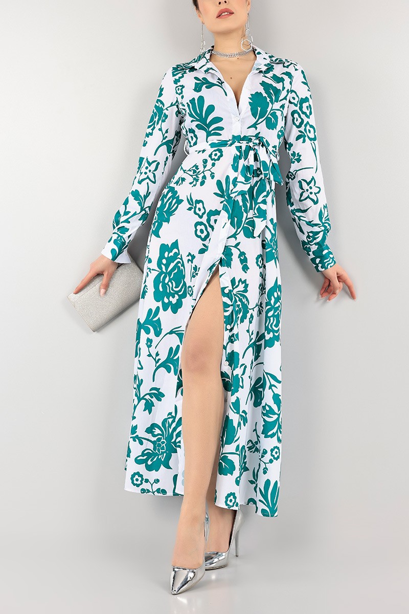 Yeşil Boydan Düğmeli Poplin Elbise 104391