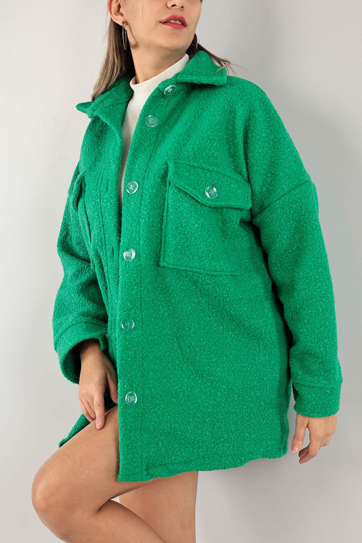 Yeşil Buklet Kaşe Bayan Gömlek Ceket 128745