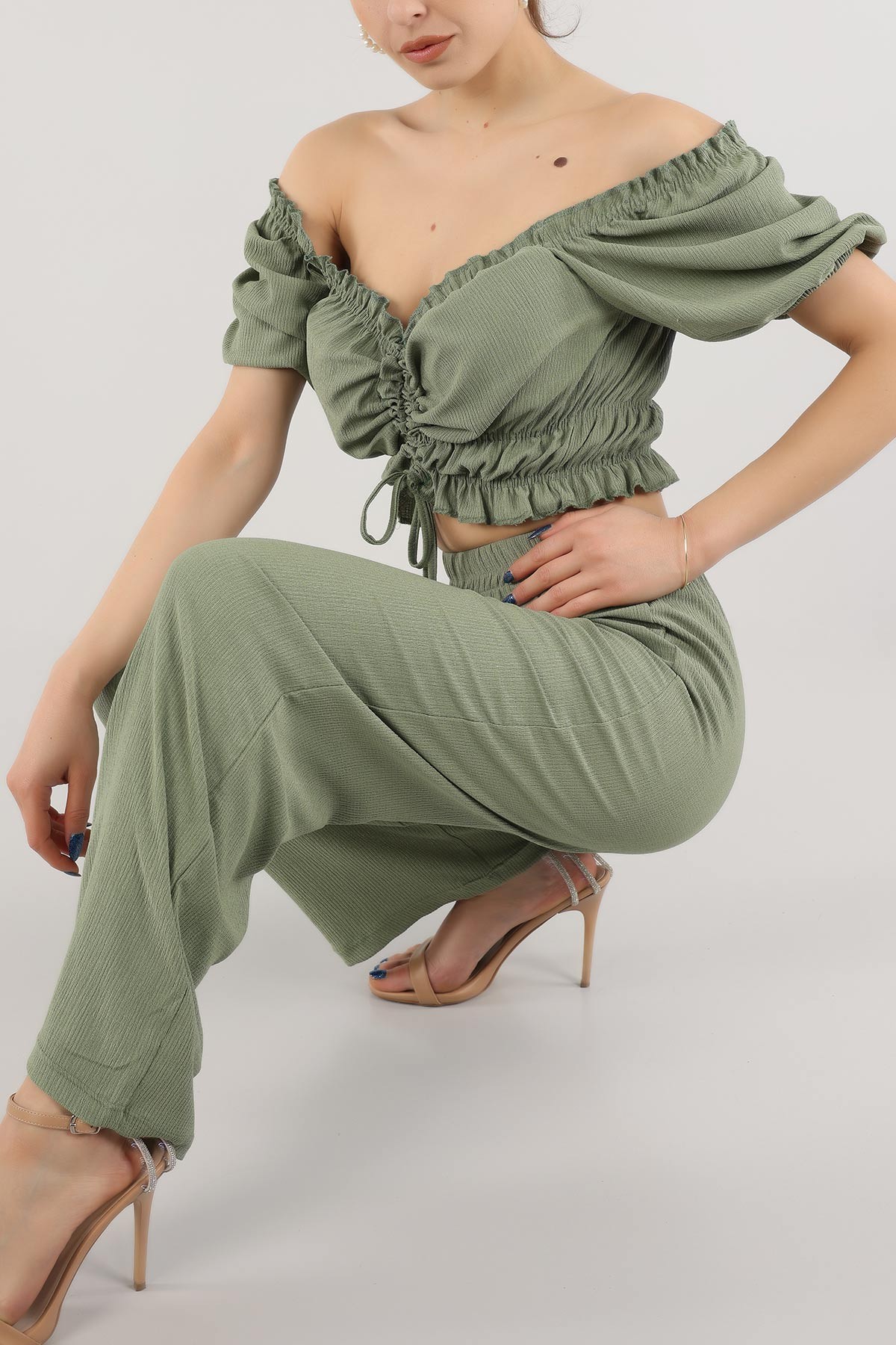 Yeşil Bürümcük Pantolon Bluz Bayan Takım 170851