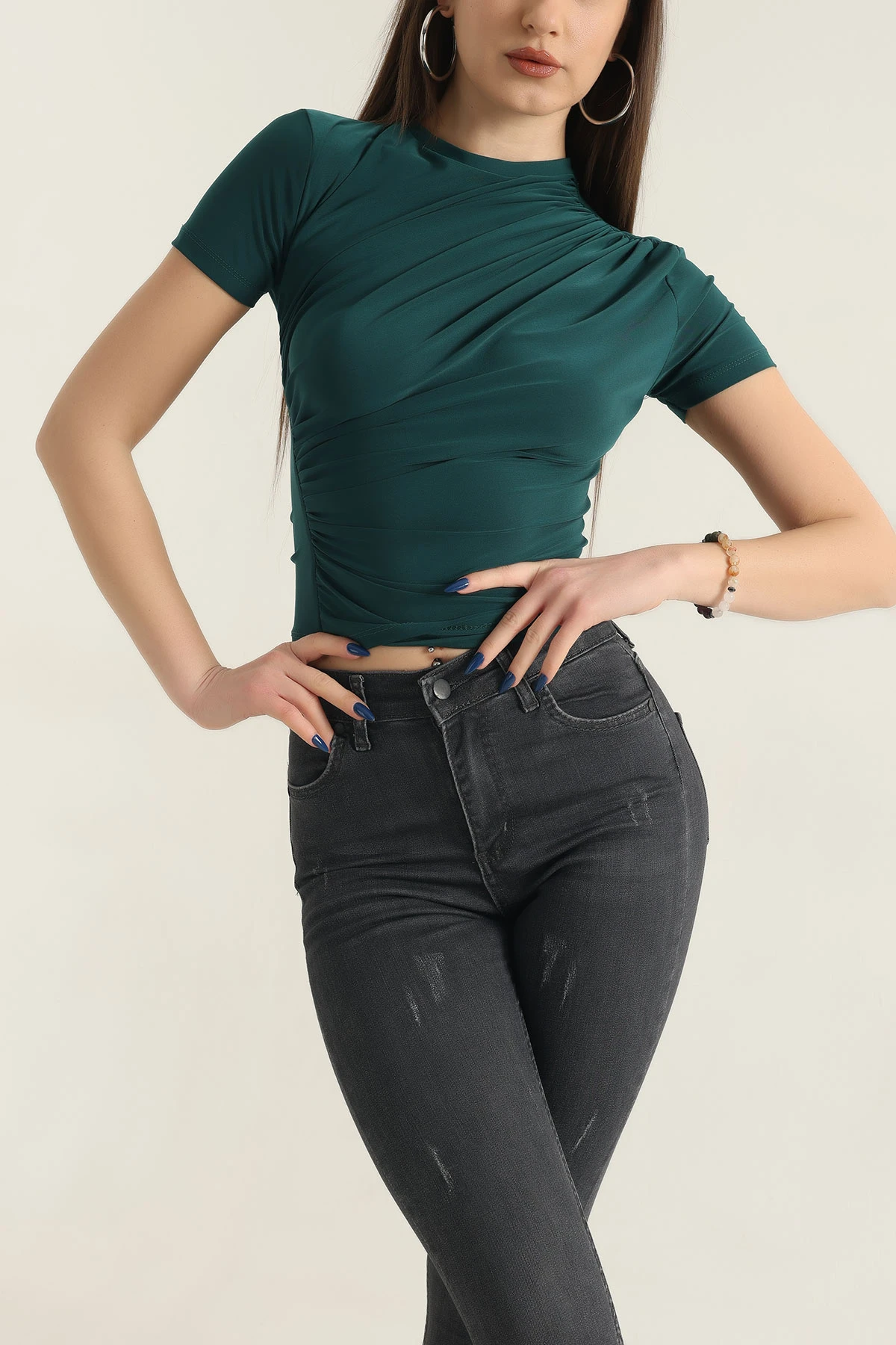 Yeşil Büzgülü Sendy Kumaş Bluz 337553