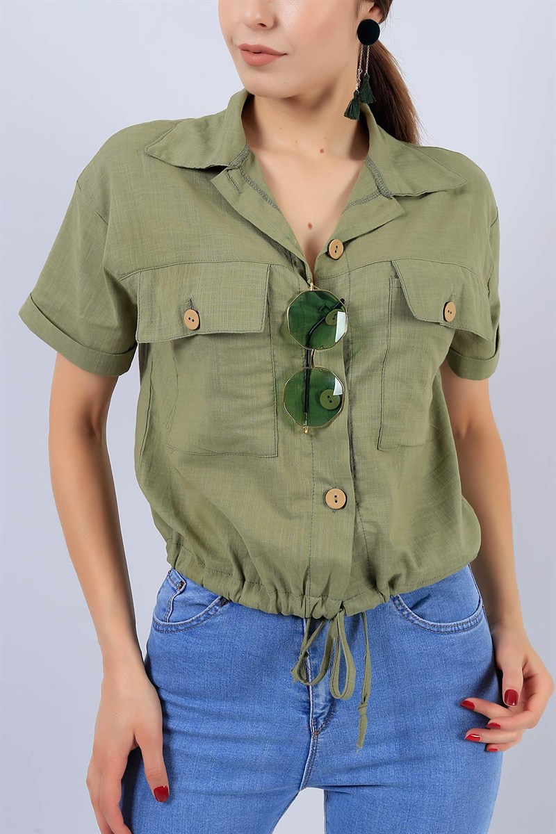 Yeşil Cepli Bayan Yazlık Keten Gömlek 15055B