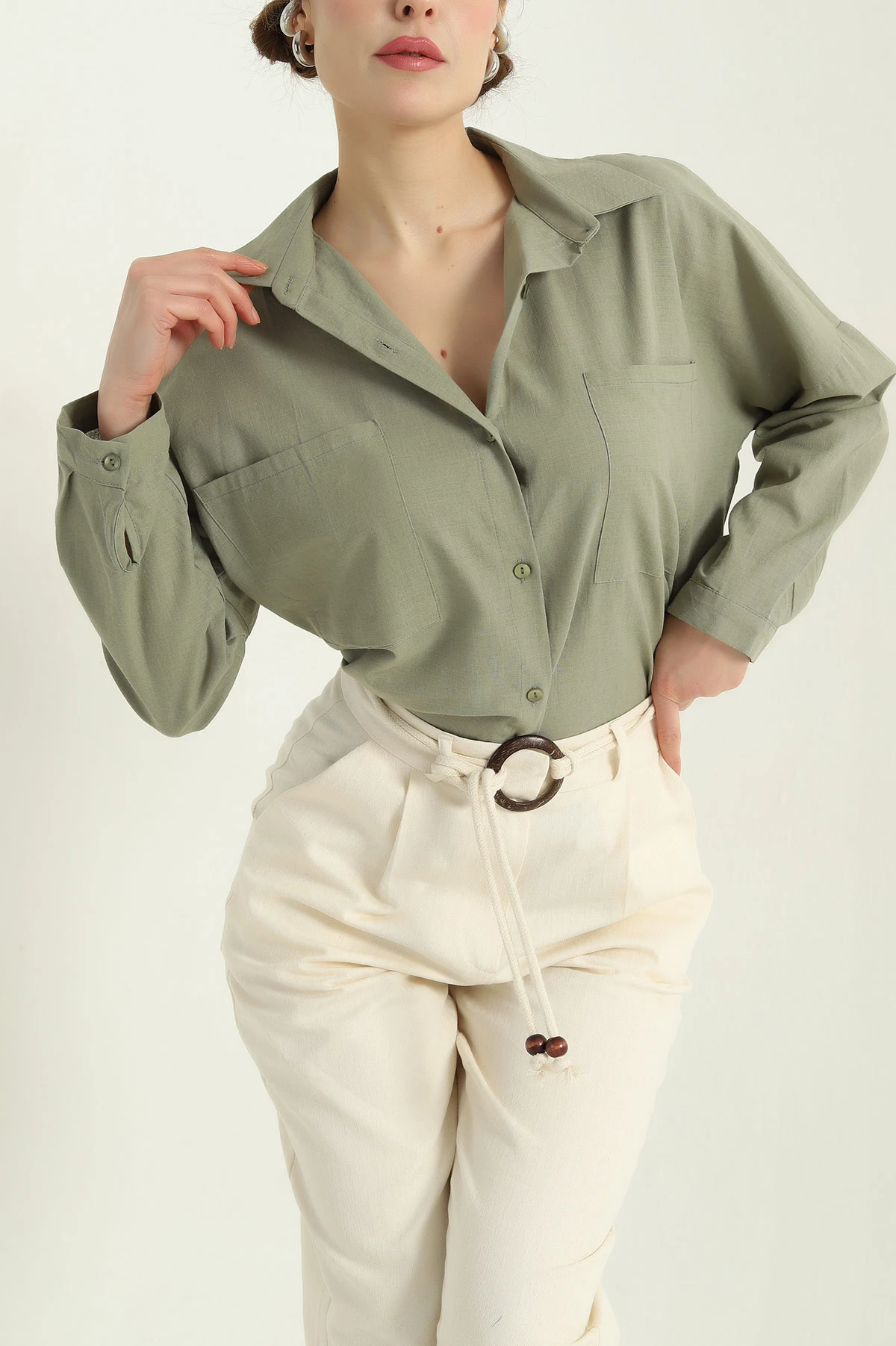 Yeşil Çift Cep Oversize Keten Gömlek 336980