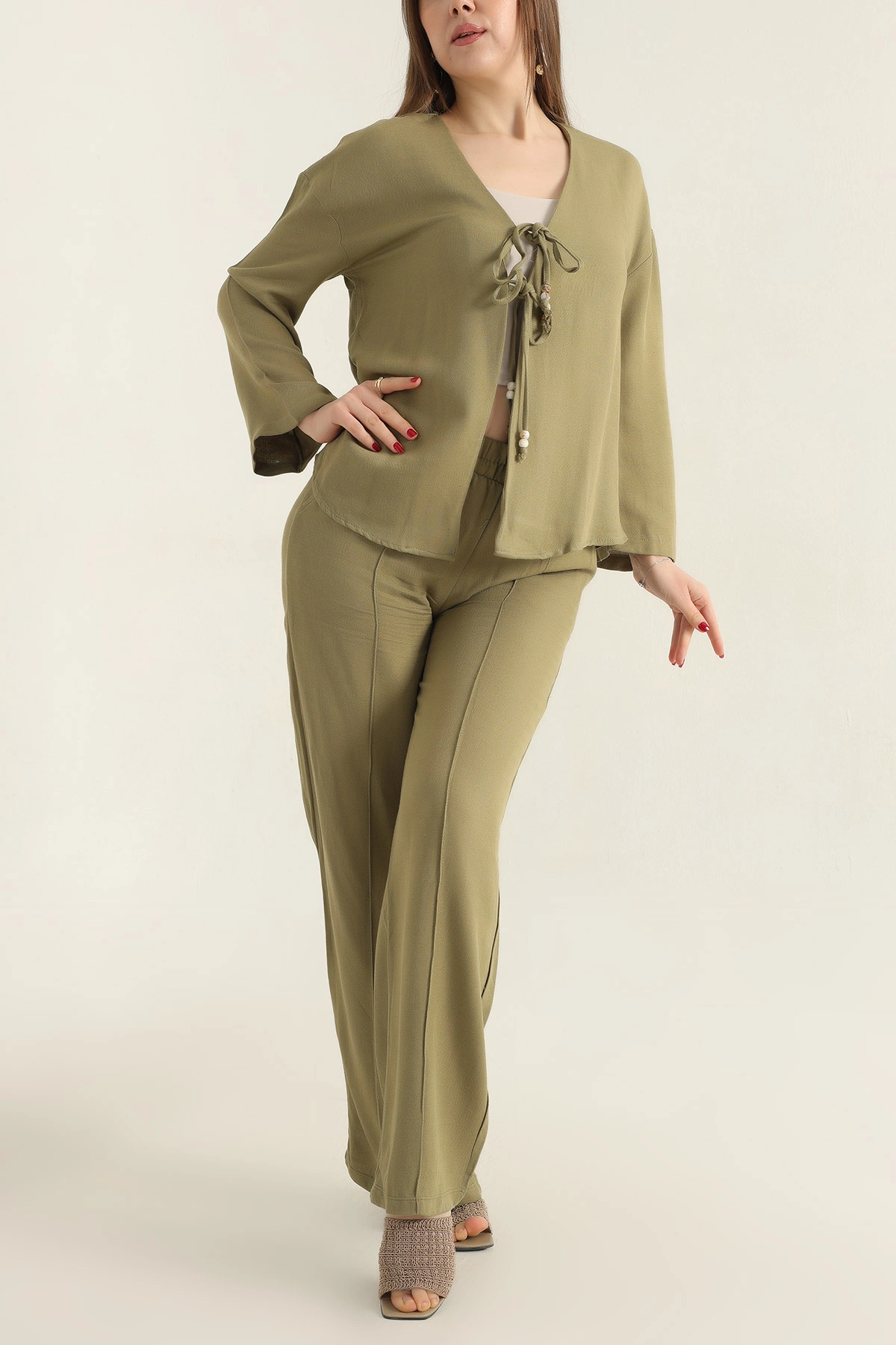 Yeşil Çimalı Keten Pantolon Bluz İkili Takım 337043