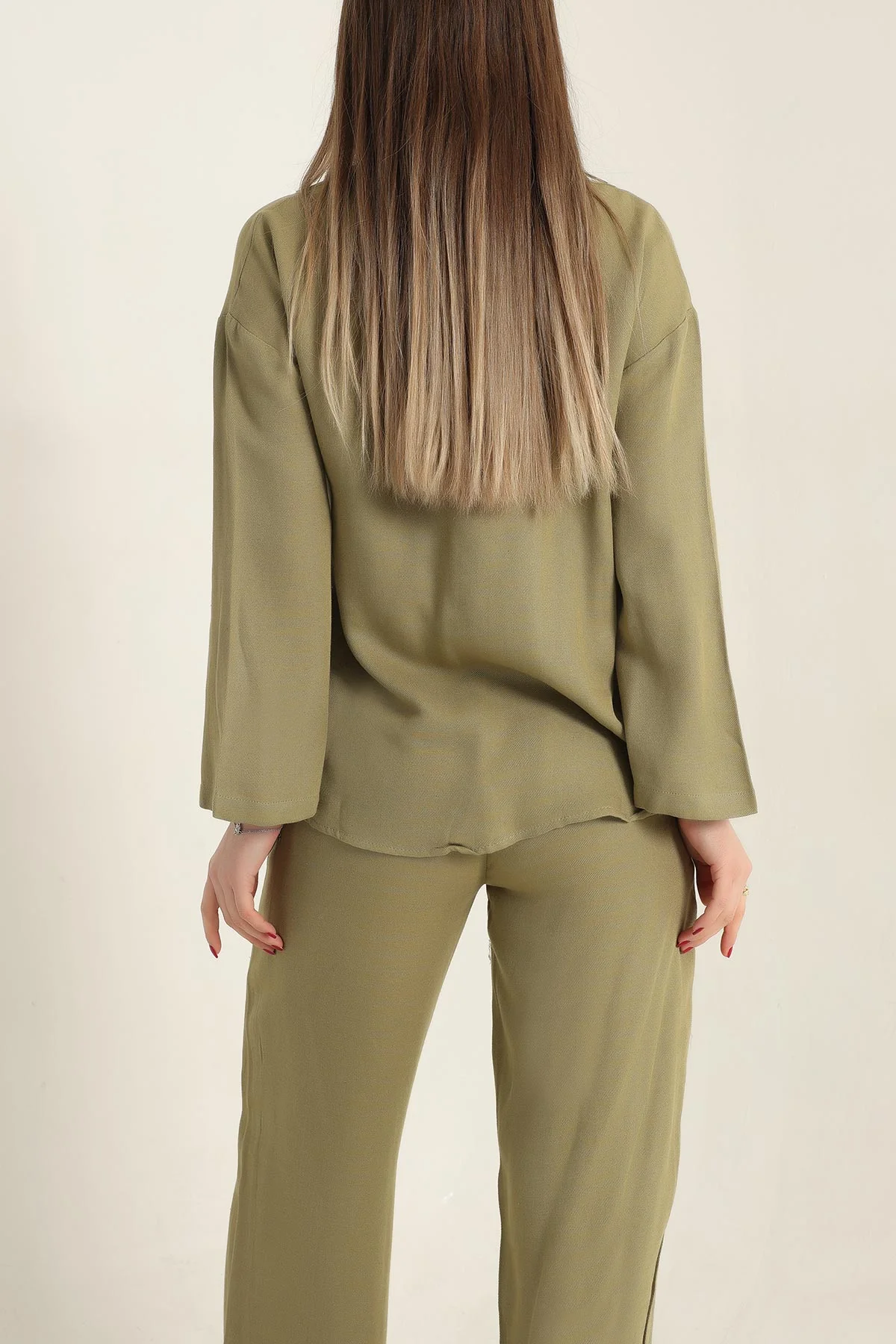 Yeşil Çimalı Keten Pantolon Bluz İkili Takım 337043