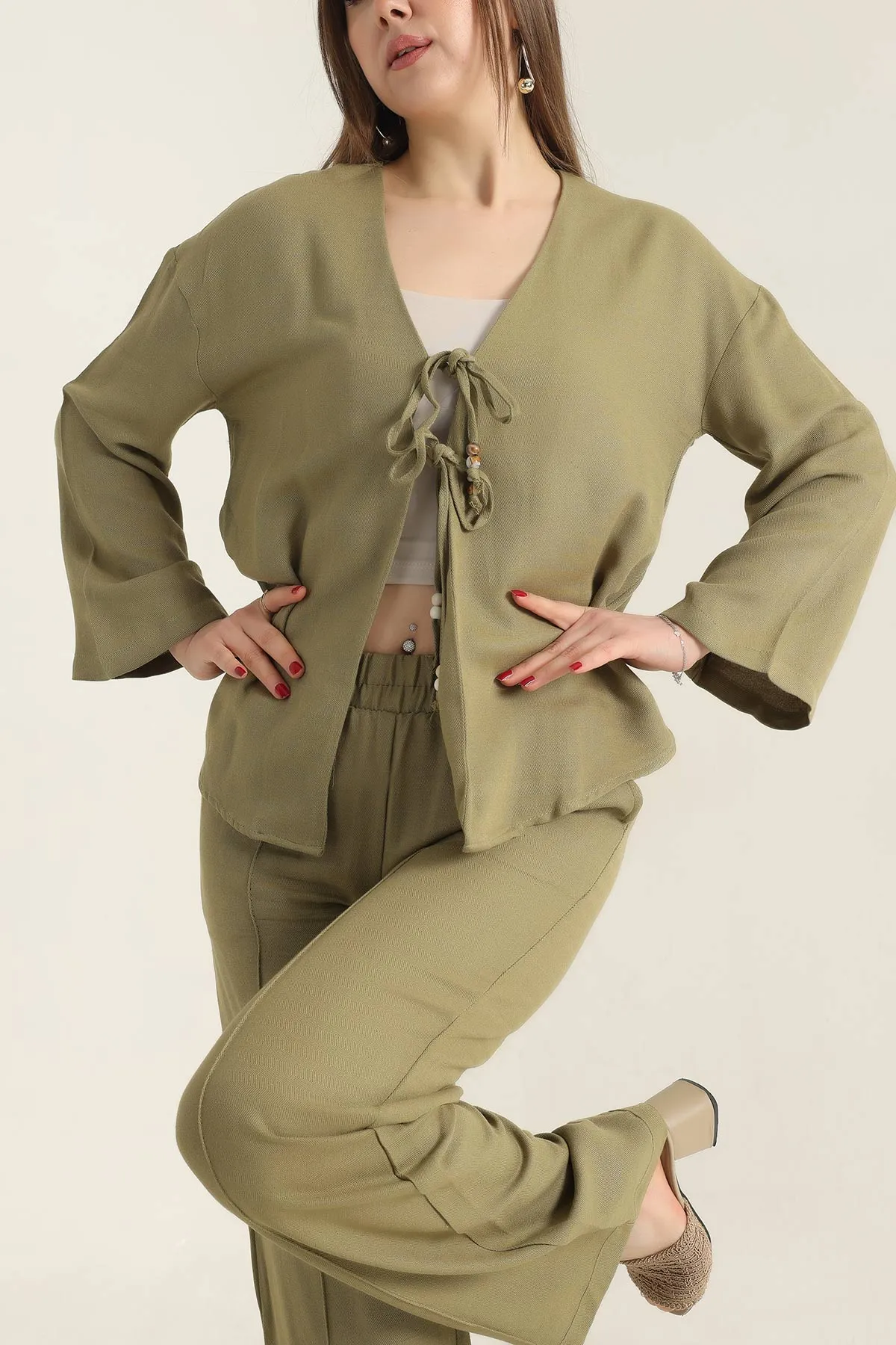 Yeşil Çimalı Keten Pantolon Bluz İkili Takım 337043