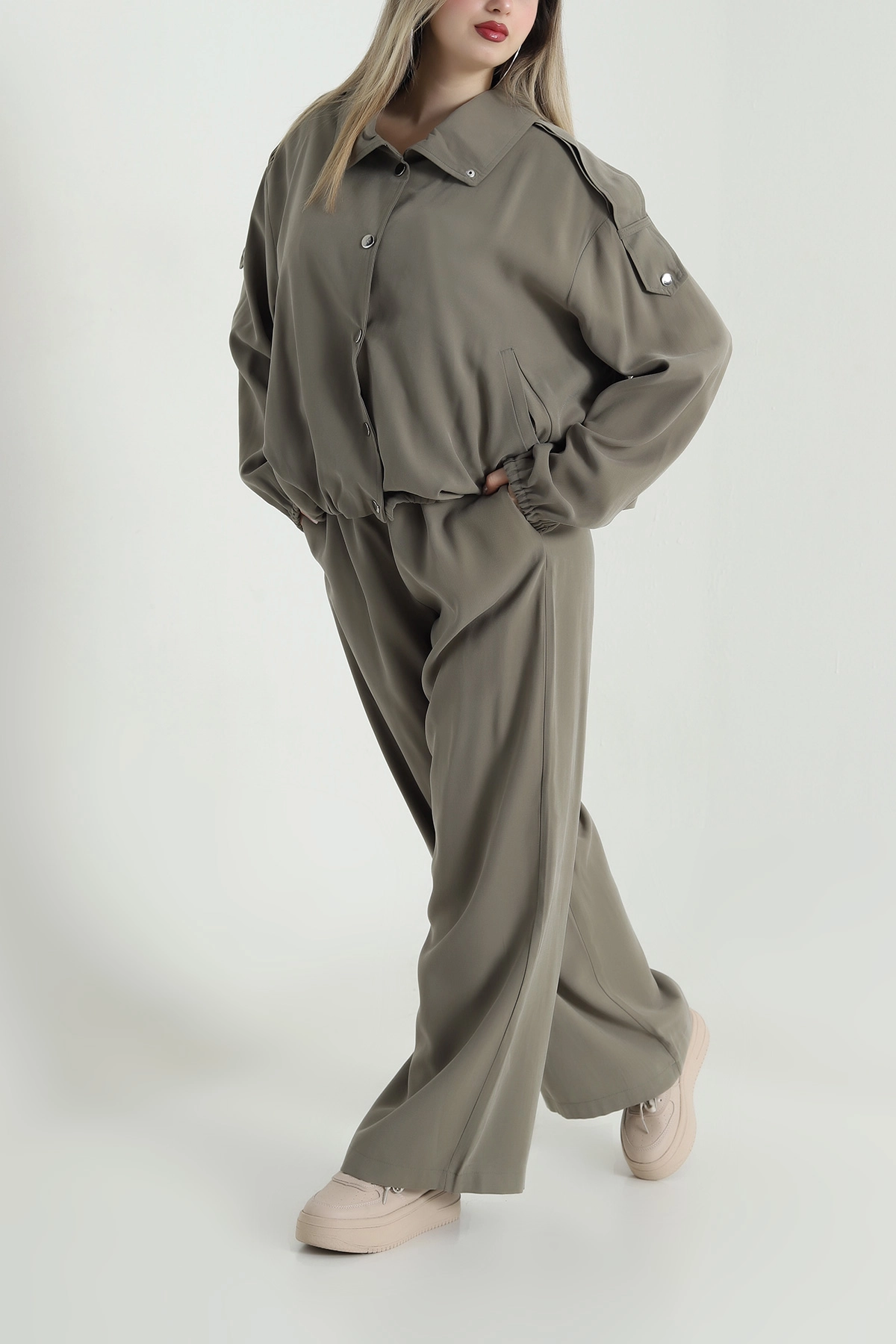 Yeşil Çıtçıtlı Ceket Pantolon Modal Kadın İkili Takım 489182
