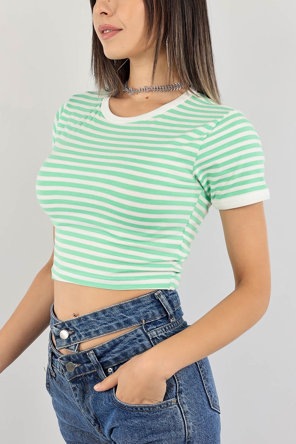Yeşil Çizgili Crop Tişört 123466