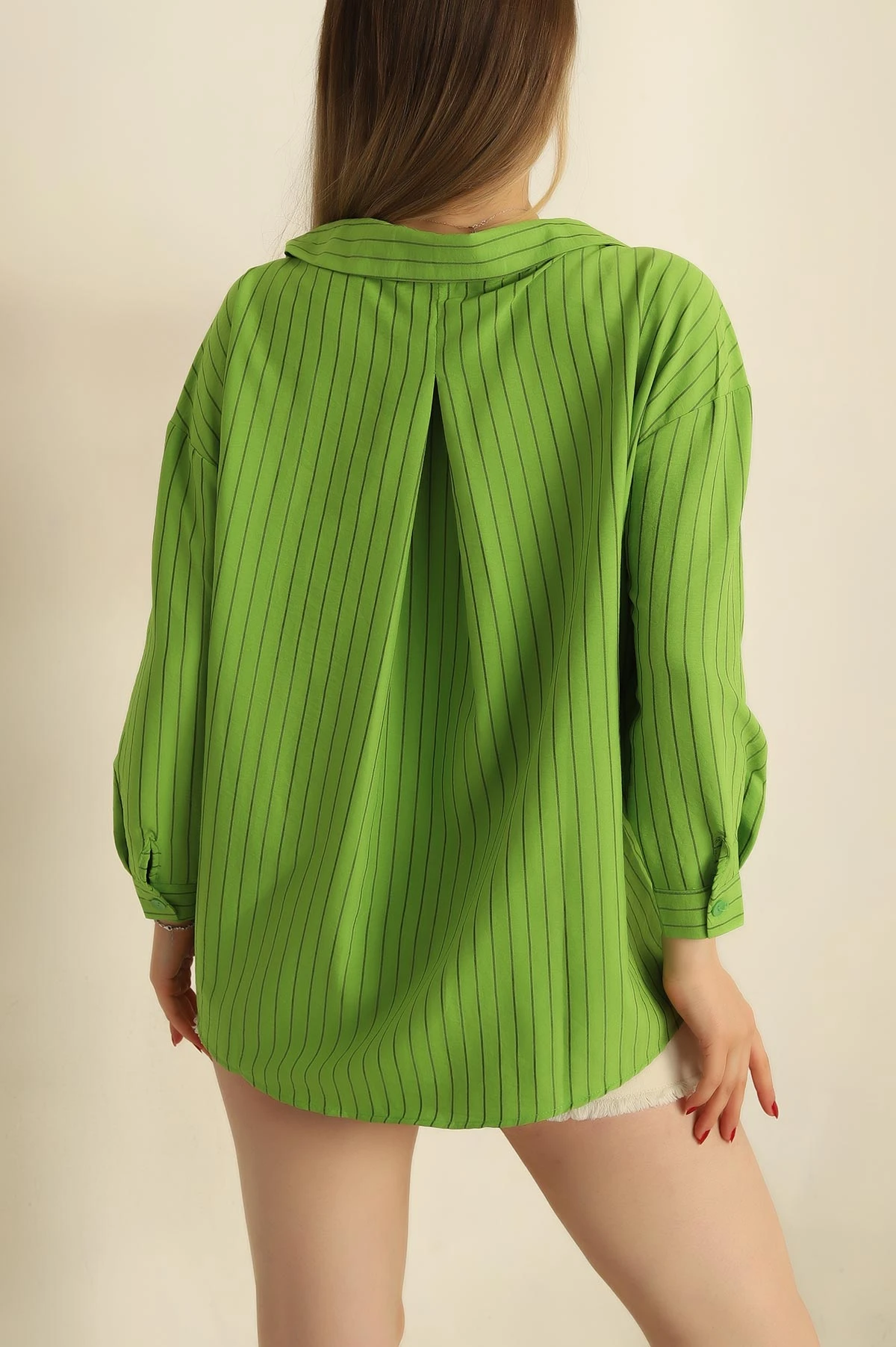 Yeşil Çizgili Dokuma Oversize Bayan Gömlek 269893
