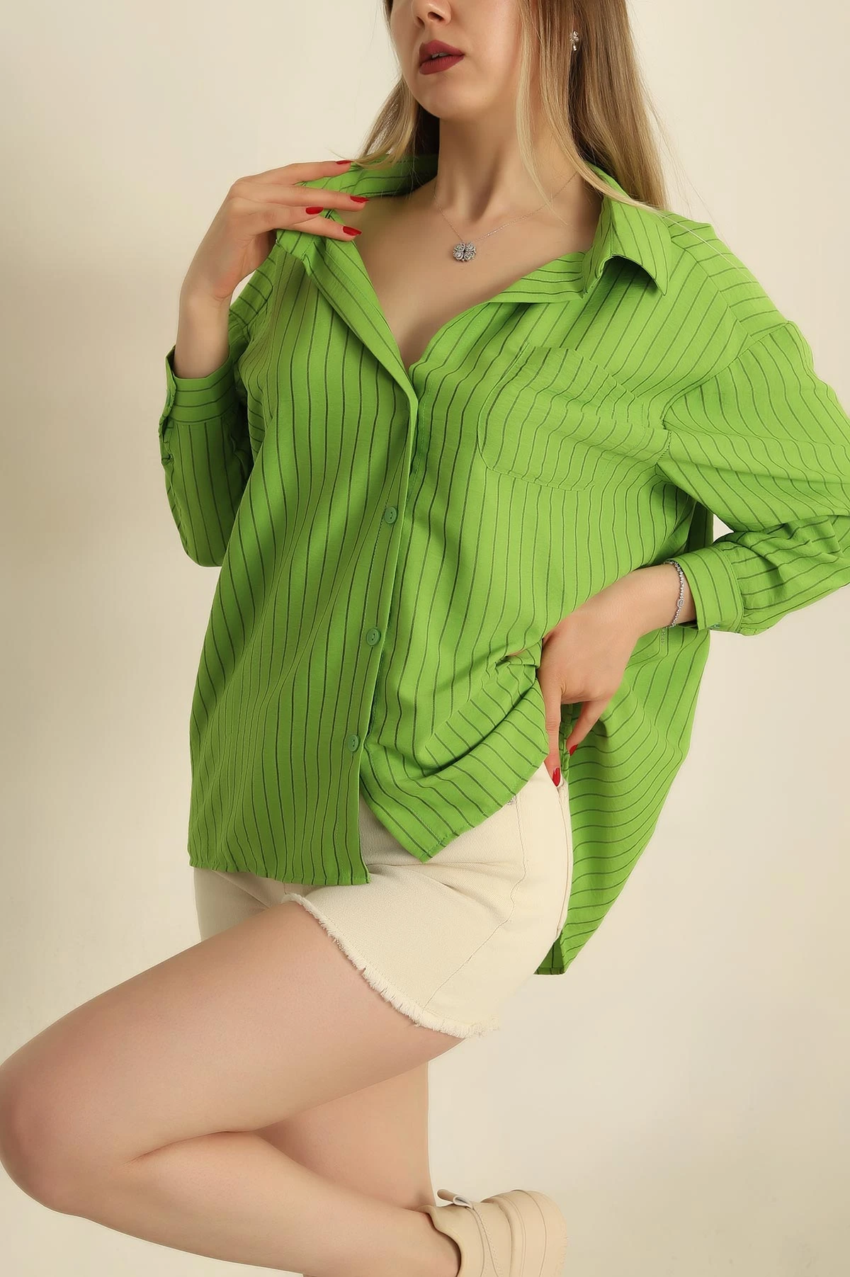 Yeşil Çizgili Dokuma Oversize Bayan Gömlek 269893