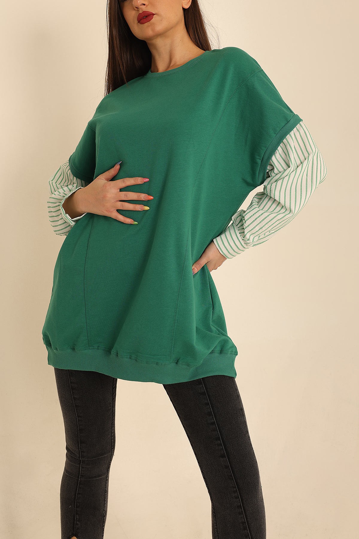 Yeşil Çizgili Garnili İki İp Sweat 210129