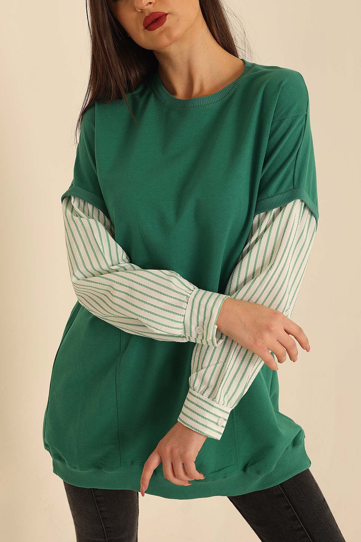 Yeşil Çizgili Garnili İki İp Sweat 210129