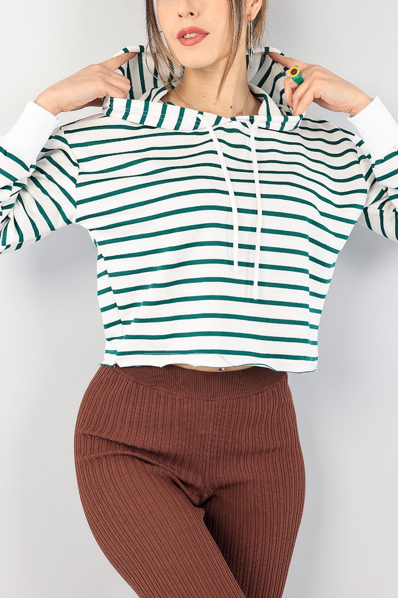 Yeşil Çizgili Kapüşonlu Bayan Sweat 90461