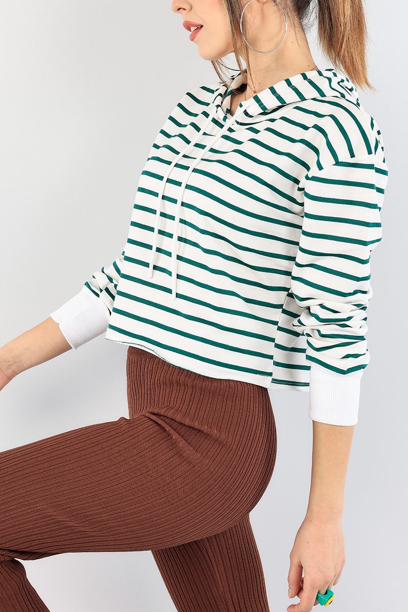 Yeşil Çizgili Kapüşonlu Bayan Sweat 90461