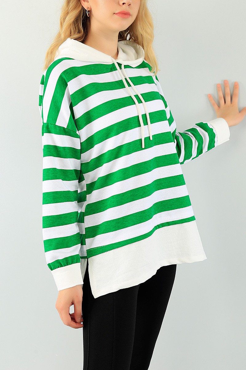 Yeşil Çizgili Kapüşonlu Bayan Sweat Tunik 74849